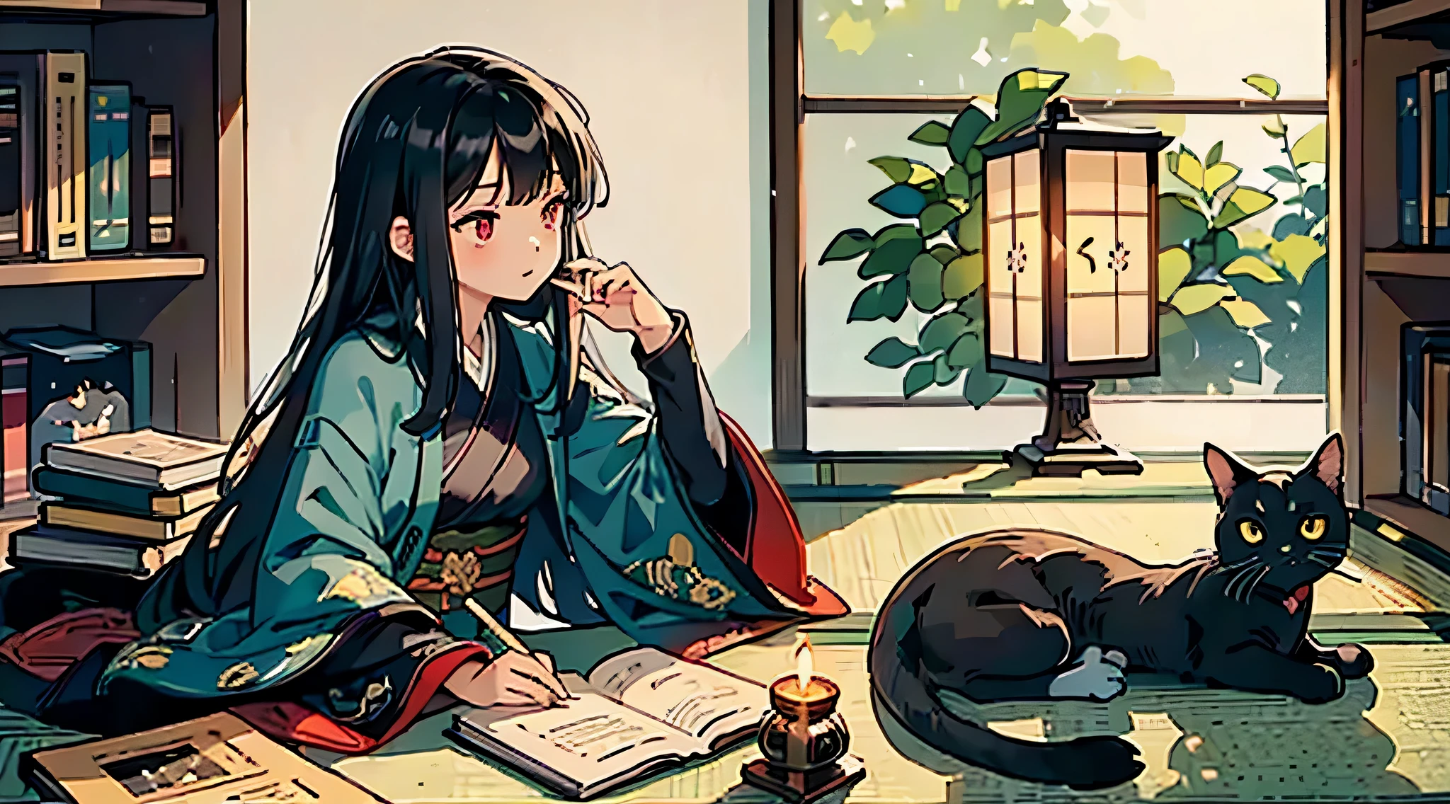 #quality (intricate details、super detailed:1.2,masterpiece,lens), #night sky (darkness of night,boring), #a girl writing (13 women、writer,honor student、A black-haired one、long hair、moreover,Sit flat,small size breasts,red eyes), #black room at night (boring,small black cat,Books on the table,Candle,Nice tatami,A lot of books,bookshelf),and detailed,Ultra-clear,Highest quality,highest resolution,school uniform