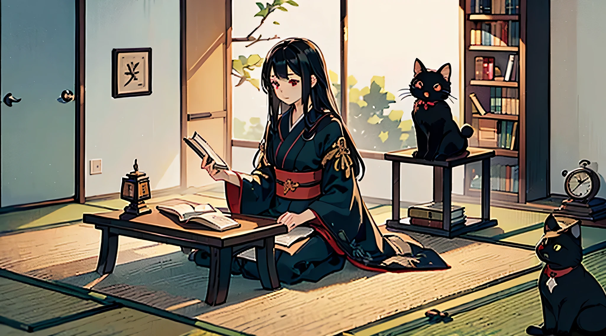 #quality (intricate details、super detailed:1.2,masterpiece,lens), #night sky (darkness of night,boring), #a girl writing (13 women、writer,honor student、A black-haired one、long hair、moreover,Sit flat,small size breasts,red eyes), #black room at night (boring,small black cat,Books on the table,Candle,Nice tatami,A lot of books,bookshelf),and detailed,Ultra-clear,Highest quality,highest resolution,school uniform