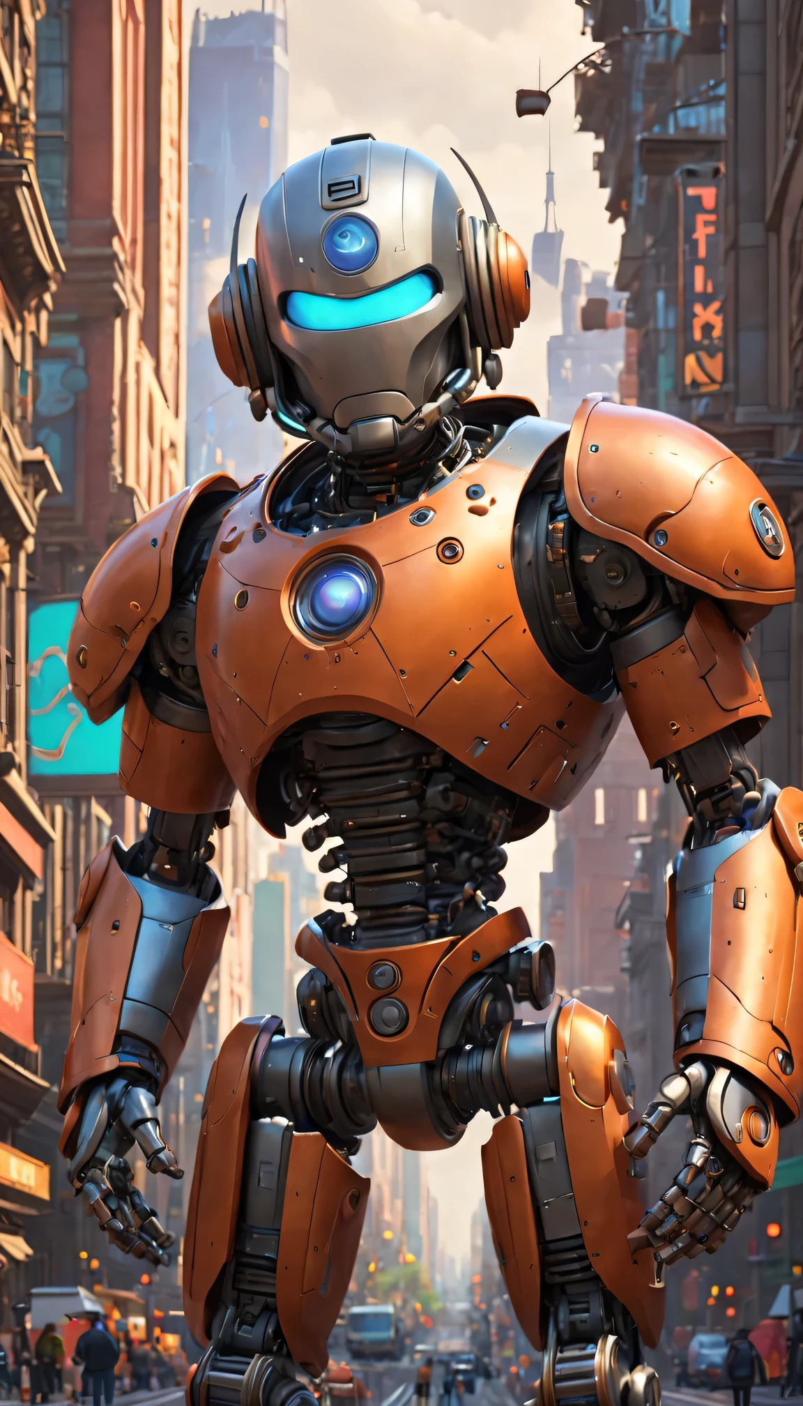 (best quality,4K,8k,masterpiece:1.2),Super fine,(lifelike,lifelike,照片lifelike:1.37),3D cartoon Pixar style mechanical warrior,Futuristic cityscape background,dynamic lighting,Stunning visual effects,bright colors