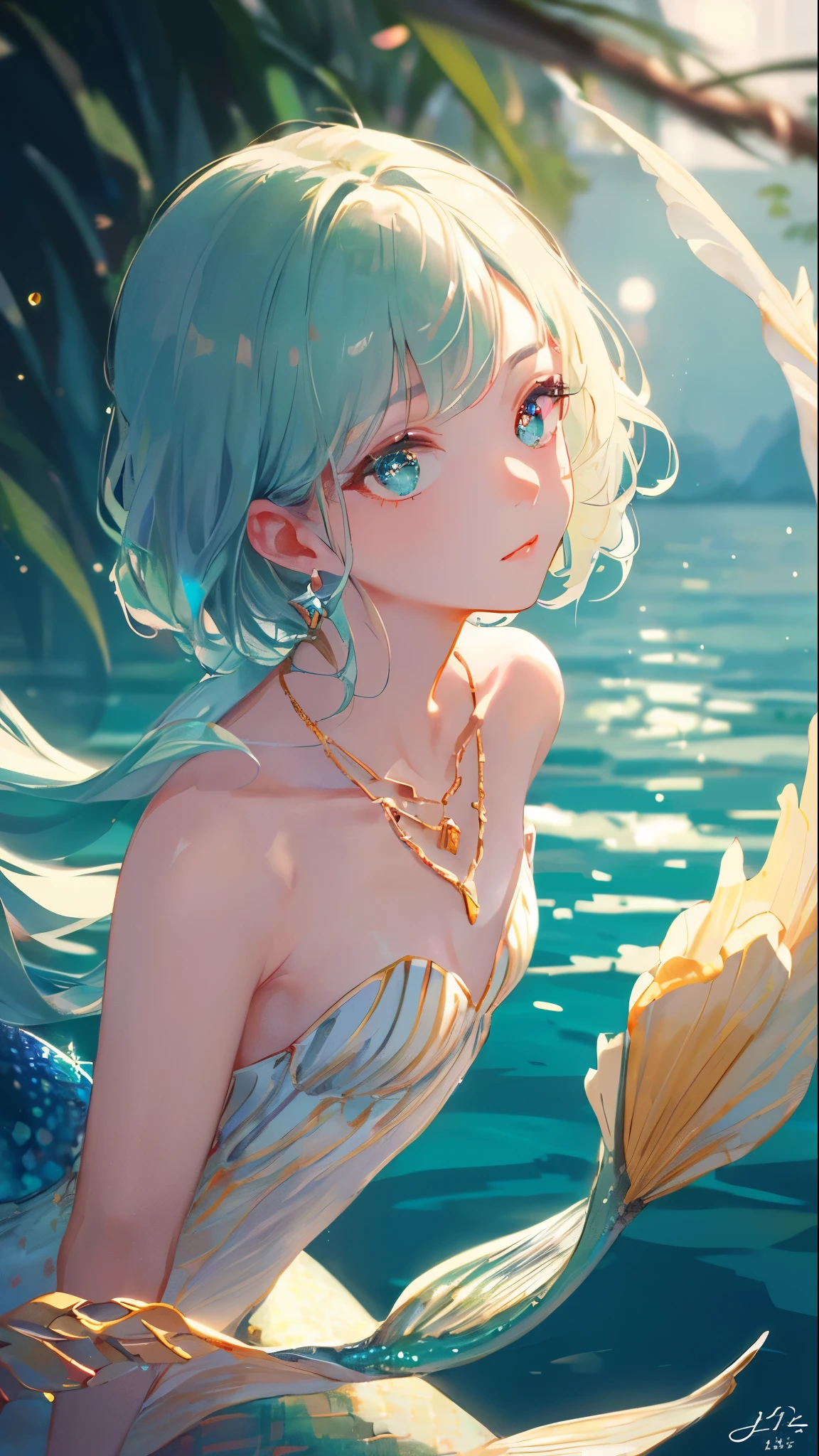 masterpiece, highest quality, figure, mint green, platinum earrings, Platinum Necklace, In the sea, 1 mermaid princess, cute, (dynamic lighting:1.2), cinematic lighting, delicate features, fine eyes, sharp pupils, realistic student, Depth of bounds written, Bokeh, sharp focus, (very detailed, bloom, shine:1.4), Many Small Gems