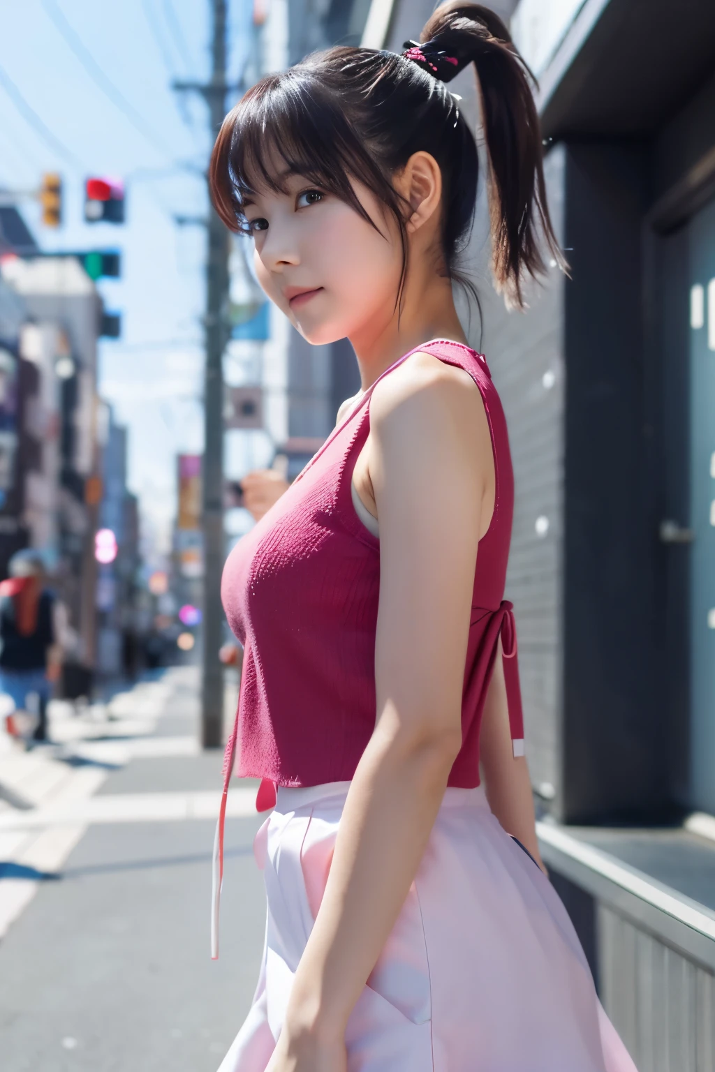 Japanese girl with cute ponytail18age,Walking in the city、anime、4k、8k