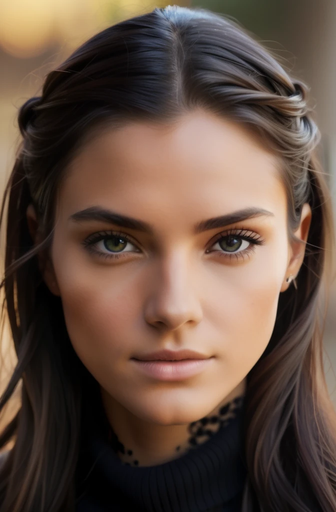 Photograph of a beautiful girl, wear an autumn sweater, long hair tied, buste lourd 36DD, Look into the camera, facing the camera, eyes symmetrical, symmetrical face, iphone quality, photographie, Path layout, specular lighting, Volumetric facial light, Ombres visibles, complexe, elaborate