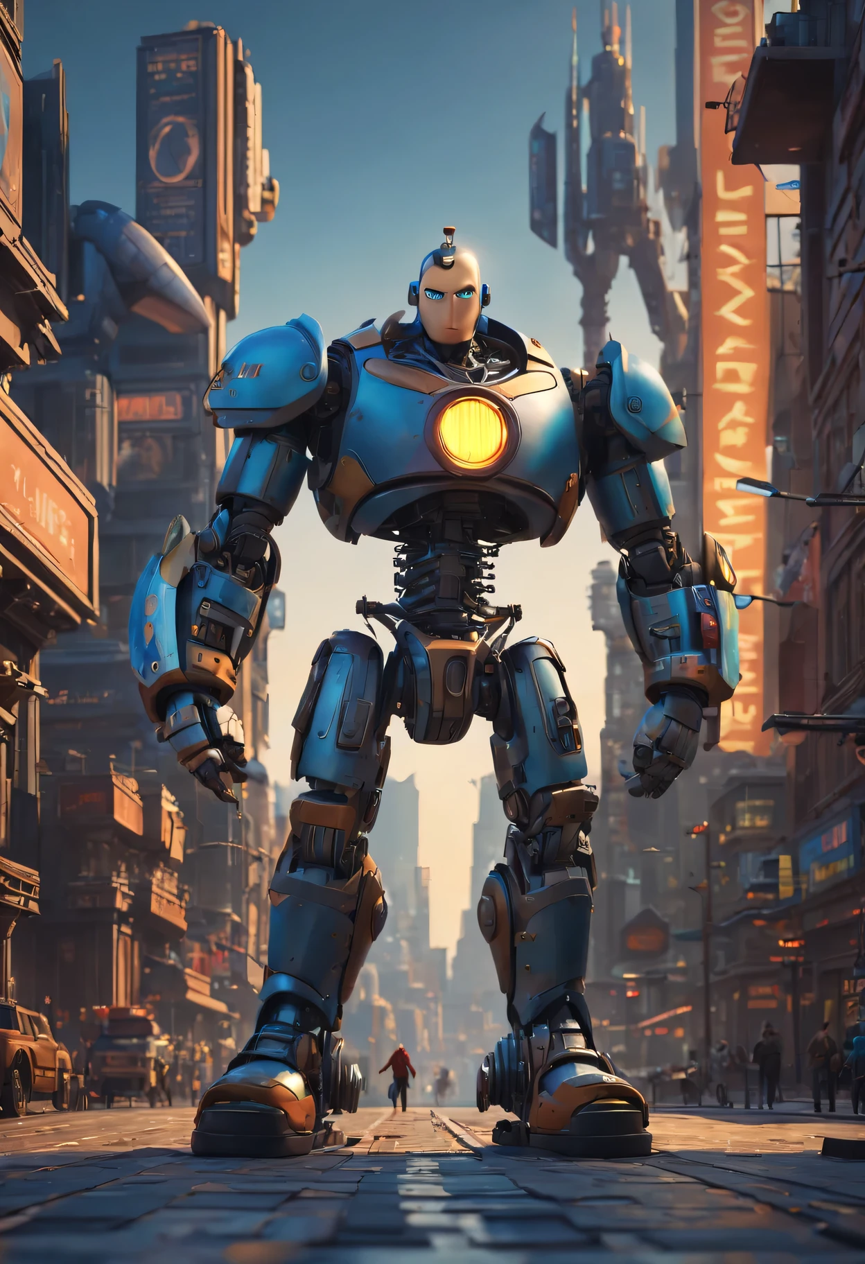 （best quality，4K，8k，masterpiece：1.2），Super fine，（lifelike，lifelike，照片lifelike：1.37），3D cartoon Pixar style mechanical warrior，Futuristic cityscape background，dynamic lighting，Stunning visual effects，bright colors