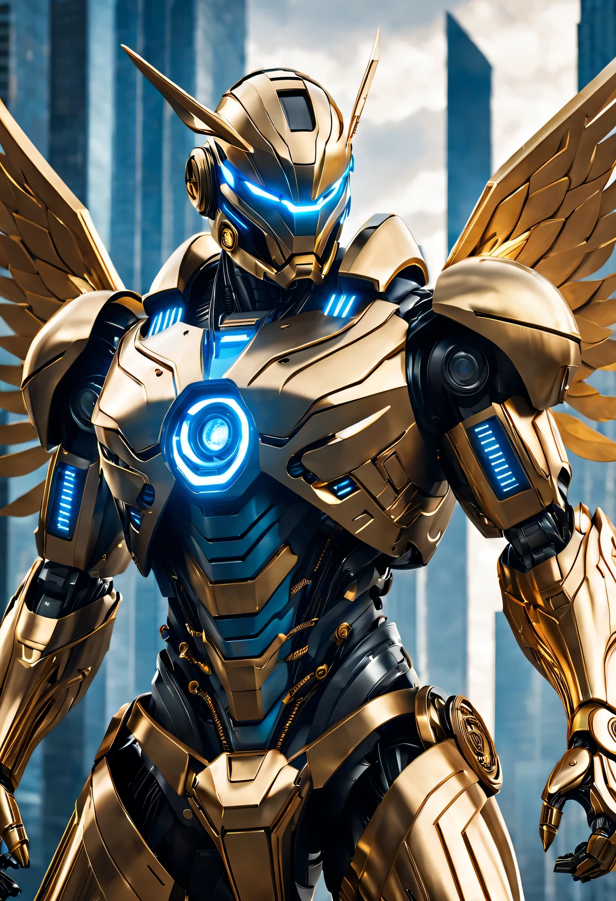 Future robot warrior, Metallic and stylish design, Illuminated LED light, Powerful and intimidating appearance, advanced weapons system, (Golden mechanical wings), Fight ready posture, High-tech armor plating, Blue and gold color scheme, Intricate mechanical details, High quality rendering, Super detailed and actual, professional concept art, city View,skyscraper, Stormy and dramatic background, (best quality,4K,high resolution,masterpiece:1.2),Super detailed,actual,Physically based rendering,professional