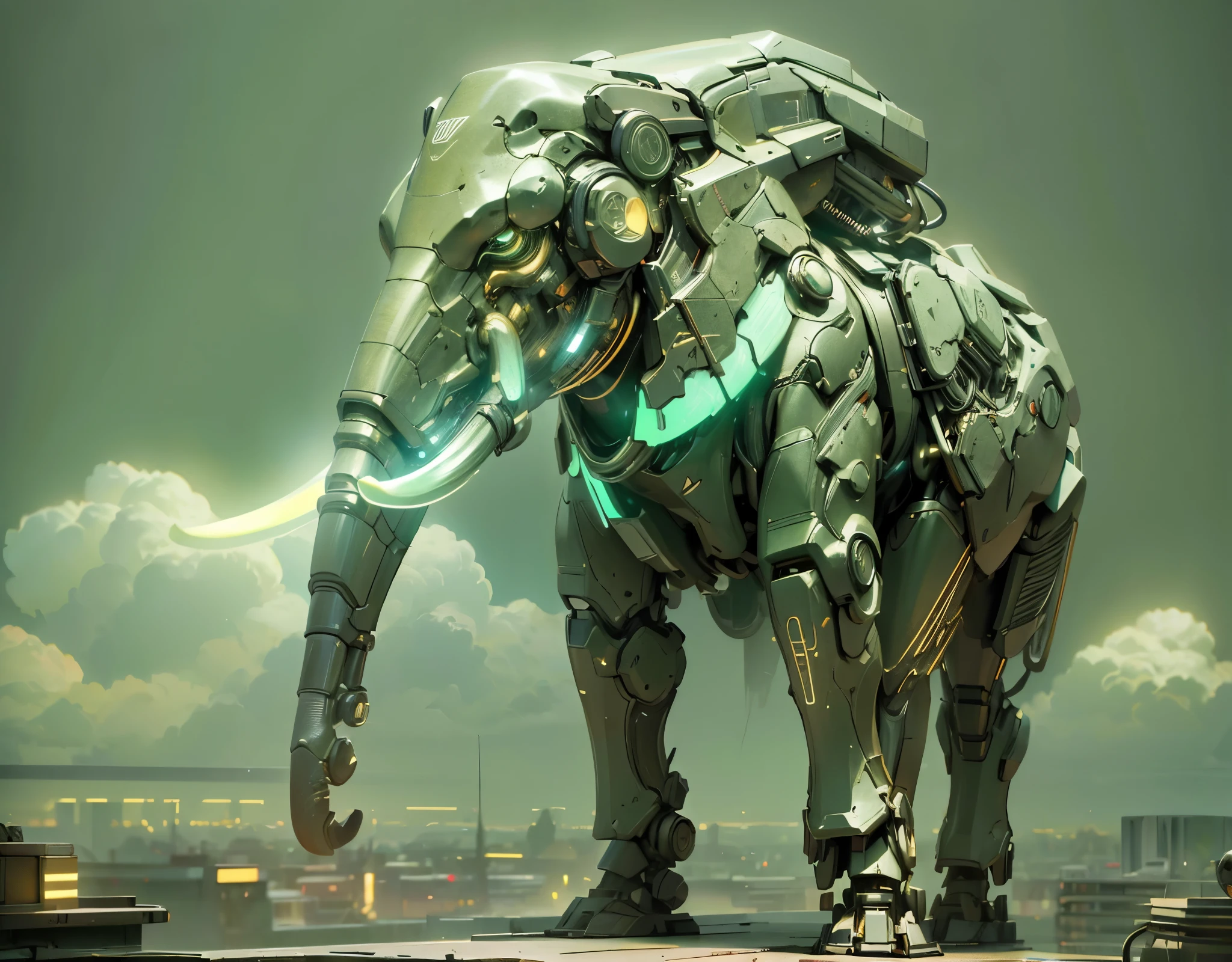 Cyberpunk, Mechanical elephant，Luminous neon lamp, ( Global illumination, raytracing, HDR, unreal render,reasonable design, high detailed, masterpiece, best quality, UHD, BJ_Zagu_Mecha