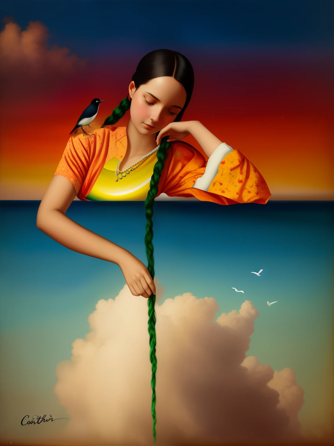 painting of a woman with long hair and a bird in the sky, inspired Direction: Catrin Welz-Stein, Direction: Catrin Welz-Stein, Colagem Estilo Joseba Elorza, arte surreal, arte surrealista emocional, colagem surreal, inspirado em Rafal Olbinski, cortando o ar. surrealismo pop, magically shaped surrealism