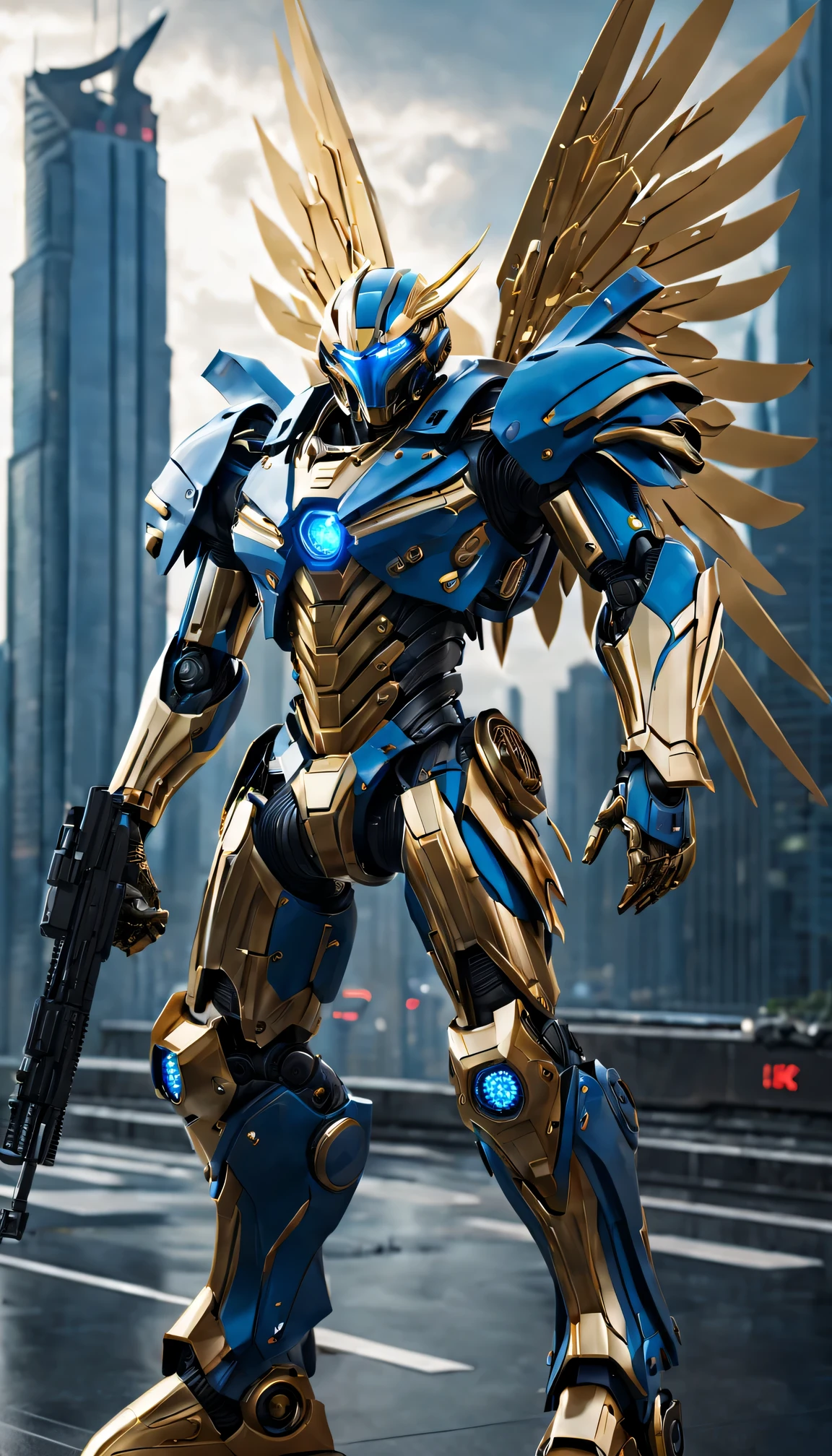 Future robot warrior, Metallic and stylish design, Illuminated LED light, Powerful and intimidating appearance, (huge futuristic rifle), (Golden mechanical wings), Fight ready posture, High-tech armor plating, Blue and gold color scheme, Intricate mechanical details, High quality rendering, Super detailed and actual, professional concept art, city View,skyscraper, Stormy and dramatic background, (best quality,4K,high resolution,masterpiece:1.2),Super detailed,actual,Physically based rendering,professional