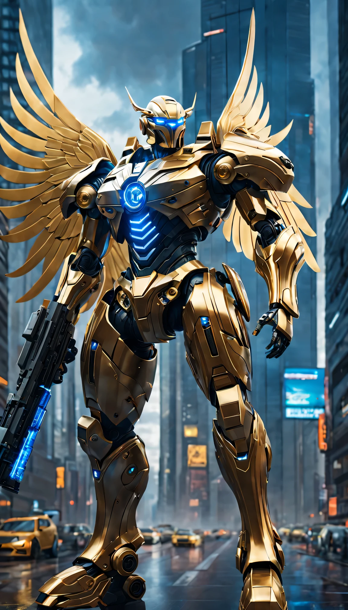 Future robot warrior, Metallic and stylish design, Illuminated LED light, Powerful and intimidating appearance, (huge futuristic rifle), (Golden mechanical wings), Fight ready posture, High-tech armor plating, Blue and gold color scheme, Intricate mechanical details, High quality rendering, Super detailed and actual, professional concept art, city View,skyscraper, Stormy and dramatic background, (best quality,4K,high resolution,masterpiece:1.2),Super detailed,actual,Physically based rendering,professional