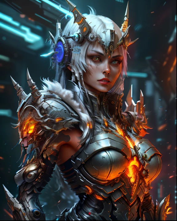 [SH4G0D:1], a beautiful cyborg warrior girl cyberpunk sensual vampiric beautiful body beautiful face in big breasts bionic legs bionic arms armor in an intricate futuristic cyberpunk city ultra detailed 8k extremely realistic[cabelo fluorescente:1]