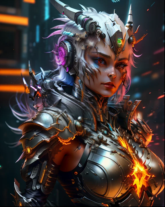 [SH4G0D:1], a beautiful cyborg warrior girl cyberpunk sensual vampiric beautiful body beautiful face in big breasts bionic legs bionic arms armor in an intricate futuristic cyberpunk city ultra detailed 8k extremely realistic[cabelo fluorescente:1]