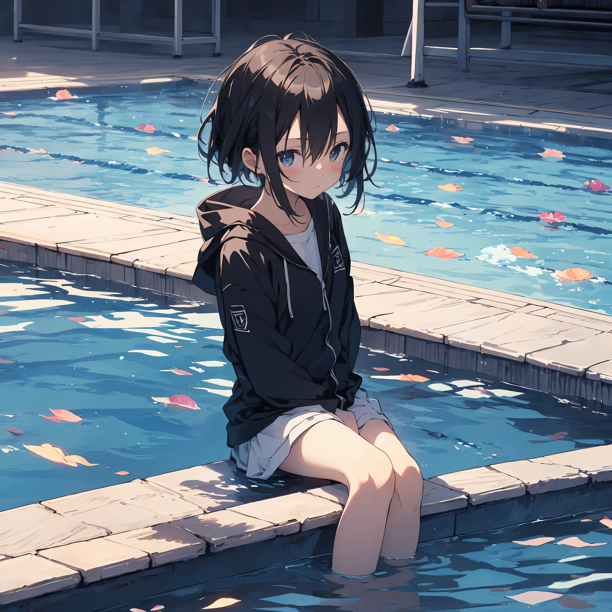 Super best quality by Makoto Shinkai, super detailed, High resolution, AI generated, anime moe art style, best anime 8K konachan wallpaper, pixiv contest winner, perfect anatomy, break,(Please draw a picture of a girl floating in a pool.)full body image,view from above,break, 1 girl, (alone,little woman,lolita, , 13 years old:1.3),All limbs, full finger,relaxation, floating, sleeping on one's back, androgynous charm, Wet,(very short hair), messy hair, flat chest, Because I'm slender, small ass, between legs, Small black eyes, beautiful and fine eyes, Well-proportioned iris and pupils, expressive eyes, beautiful detailed lips, High resolutionの詳細な髪, swimsuit, (detailed lighting), (detailed background), on the pool water, in School pool, break,super dense skin, Best lighting by famous artists, 8K, cute illustration,UHD, rough skin