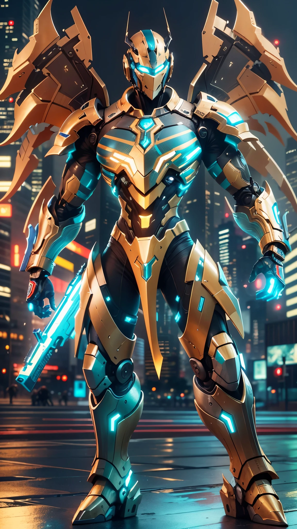 Future robot warrior, Metallic and stylish design, Illuminated LED light, Powerful and intimidating appearance, (huge futuristic rifle), (Golden mechanical wings), Fight ready posture, High-tech armor plating, Blue and gold color scheme, Intricate mechanical details, High quality rendering, Super detailed and actual, professional concept art, city View,skyscraper, Stormy and dramatic background, (best quality,4K,high resolution,masterpiece:1.2),Super detailed,actual,Physically based rendering,professional