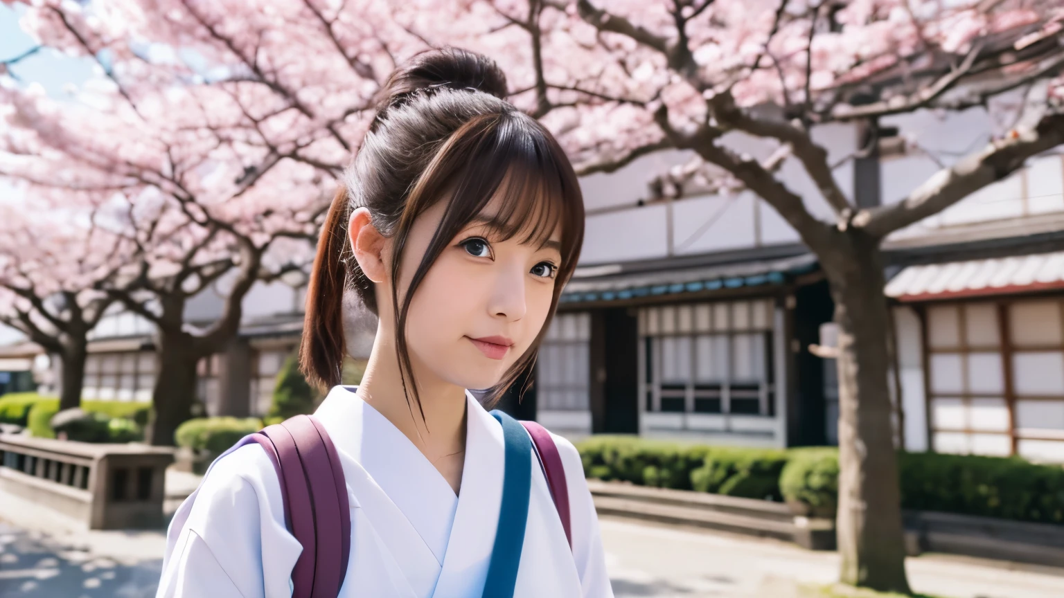 Japanese girl with cute ponytail18age,walking in asakusa、Sky tree、anime、4k、8k