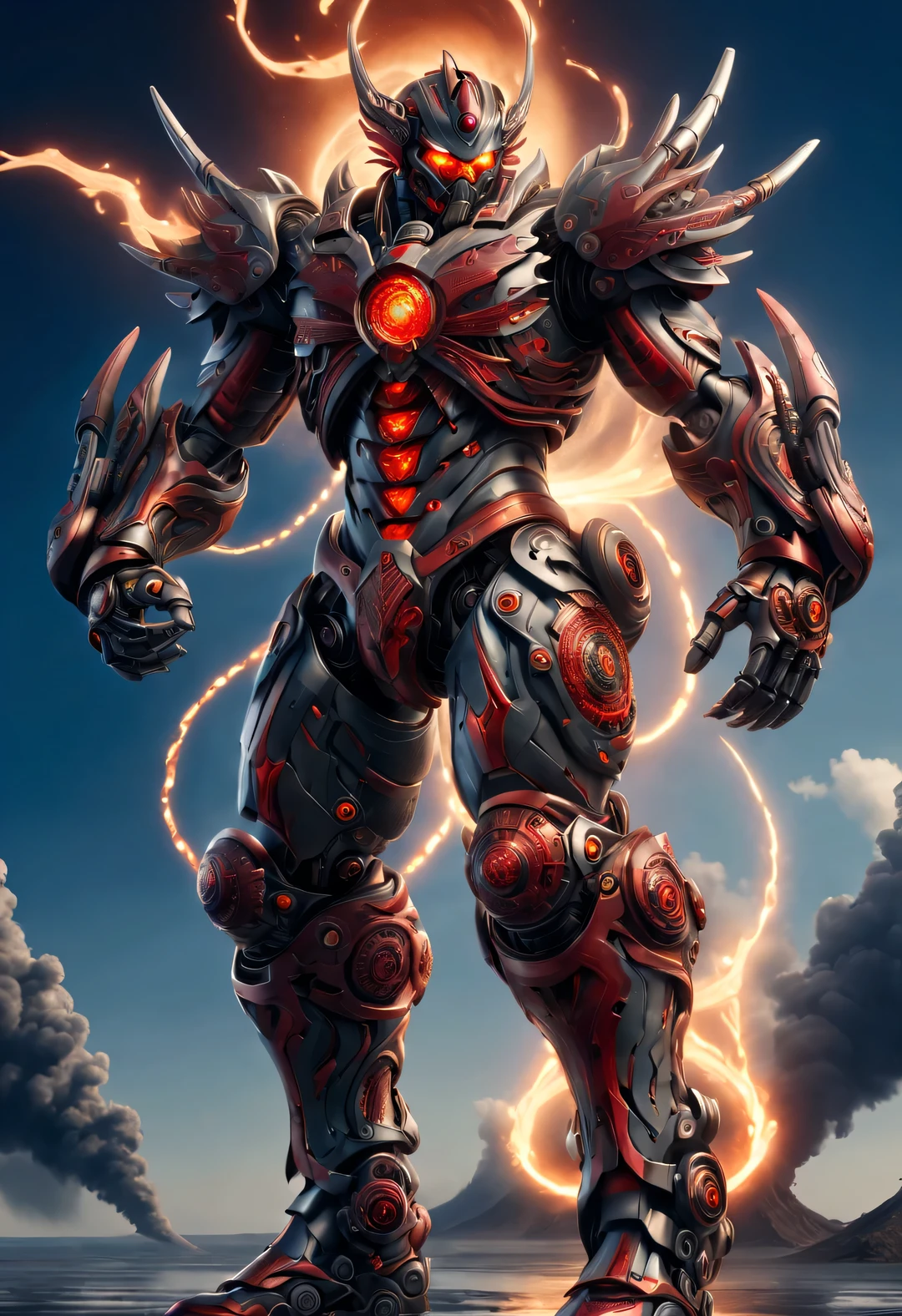 whole body, (A warrior wearing a mecha is named "Scarlet Storm" Huge nuclear gun from China is firing), (Wearing a tap zoom telescope on your head), (Dynamic jump shooting action), Mecha Warrior is about 8 meters tall, Holding a huge nuclear-powered weapon in his hand. He was burly, whole body由深灰色的高温合金制成，It is engraved with complex lines and patterns. This mecha has three arms, Each arm features a titanium hard rotating blade, Carefully designed and manufactured artificial muscle tissue with extraordinary strength. They are about 8 meters tall，Burly physique. Their entire body is made of dark gray high-temperature alloy, It is engraved with complex lines and patterns. Their feet are equipped with chemical-resistant devices, They have chemical thrusters on the back of their legs,
futuristic future, Ice Age, multidimensional, nuclear power, track track, space, venous veins, hyper reality hyper reality, glow (radioactive luminophore, Nuclear Waste glow),
broken metal, cyberpunk, atom punck, volcanic ash, realism, Sunset, movie lighting, Realistic photos, studio photography, human development report, 8k, personification, portrait, epic lighting, Ray tracing, Canon EOS 5D Mark III, 85mm, Volumetric lighting, (look up: 0.65),