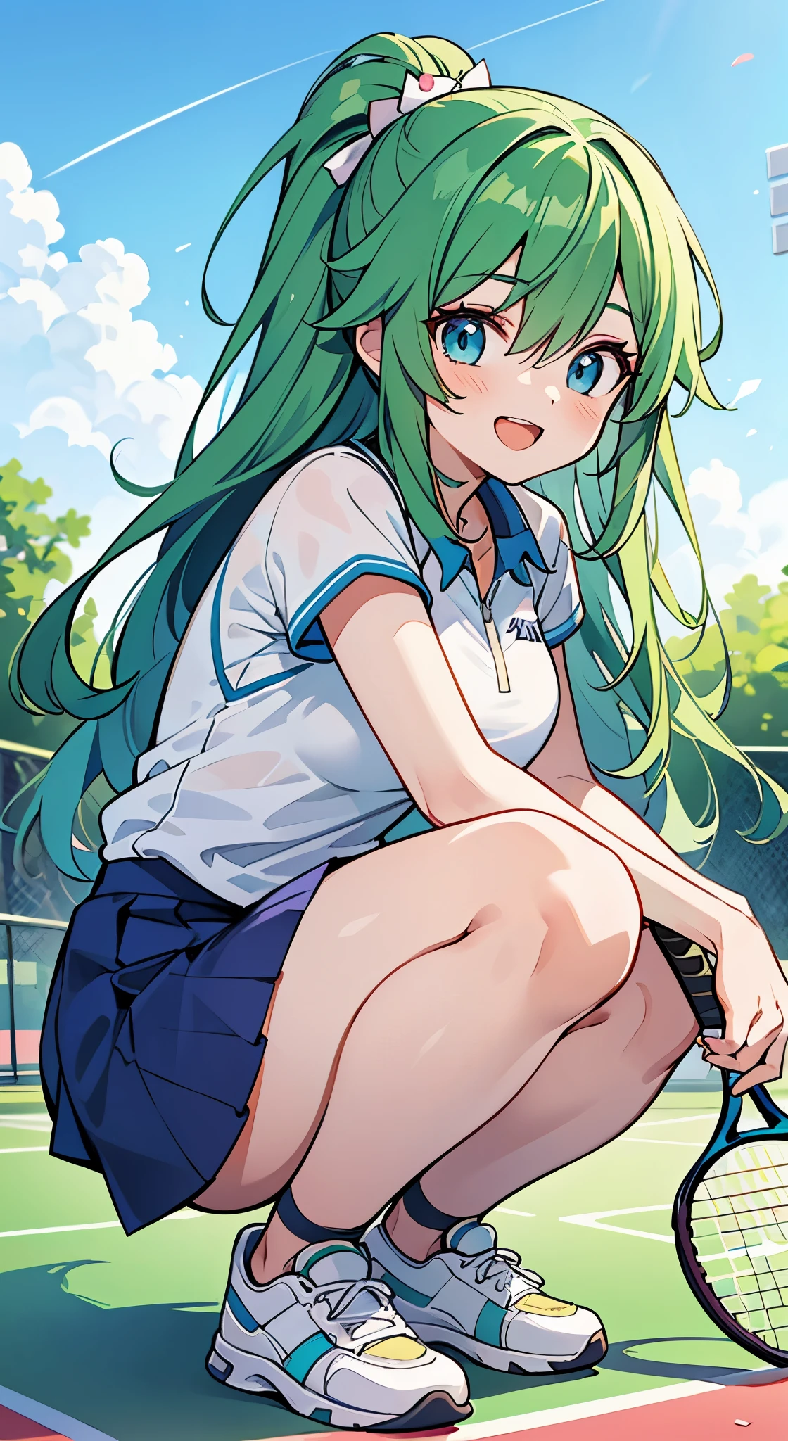 ((A Pretty girl with green hair and blue eyes)), ((wearing tennis wear)), with a tennis racket, , ((master piece, top-quality, ultra-definition, high resolution)), anime girl, ((ultra-detailed illust:1.2)), only one person, bangs, hair between eye, beautiful hair, Shiny eyes, Medium breasts, Big smile, opened mouth, squatting down, on the tennis court