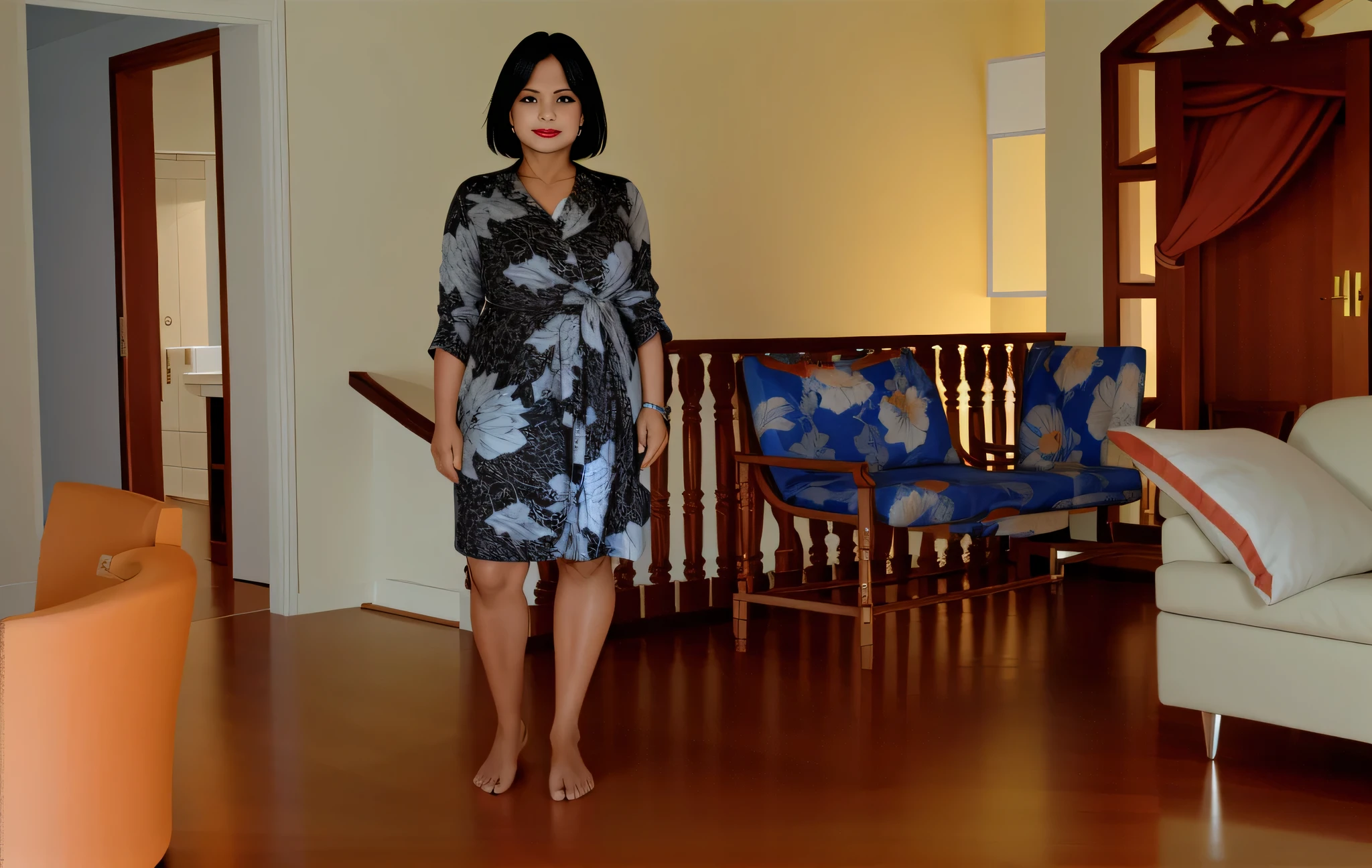 There is a woman standing in a living room, plano amplo de corpo inteiro, parado em uma sala mal iluminada, fotografia de corpo inteiro, vestindo chiton floral, posando elegantemente, fotografia de corpo inteiro, Usando um vestido floral longo, pose completa , standing and posando elegantemente, retrato de corpo inteiro, comprimento total do corpo. Mulher com pele branca bronzeada e cabelos escuros. Ela tem cerca de 38 anos. slightly plump lips, olhos castanhos escuros. Corpo fino. cintura fina. corpo perfeito, Your face is the definition of beauty. Altamente realista, Lindo, batom cor de rosa, sorriso, hiperrealismo, pele muito elaborada. foto de corpo inteiro, Limpar foto, alta qualidade, high resolution, obra de arte, 8k.