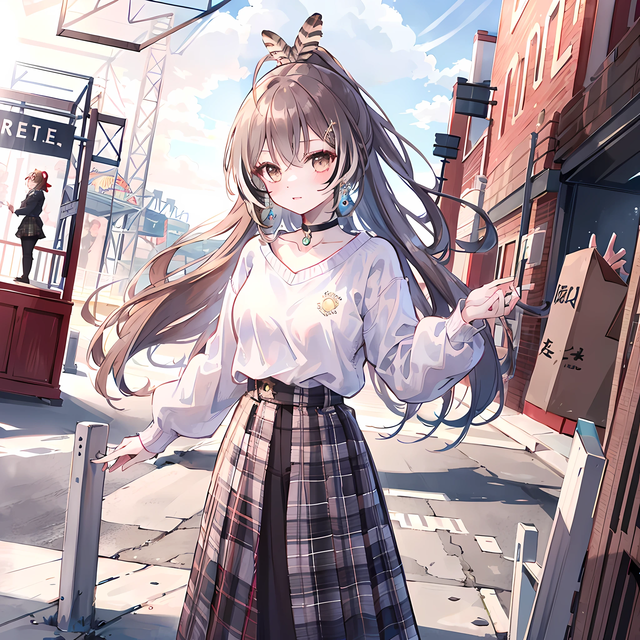 masterpiece, best quality, high resolution, BB has no beauty, long hair, colorful hair, jewelry, earrings, shirt, sweater, long sleeves, Plaid, black collar, black skirt, long skirt, amusement park, cowboy shooting, permanent