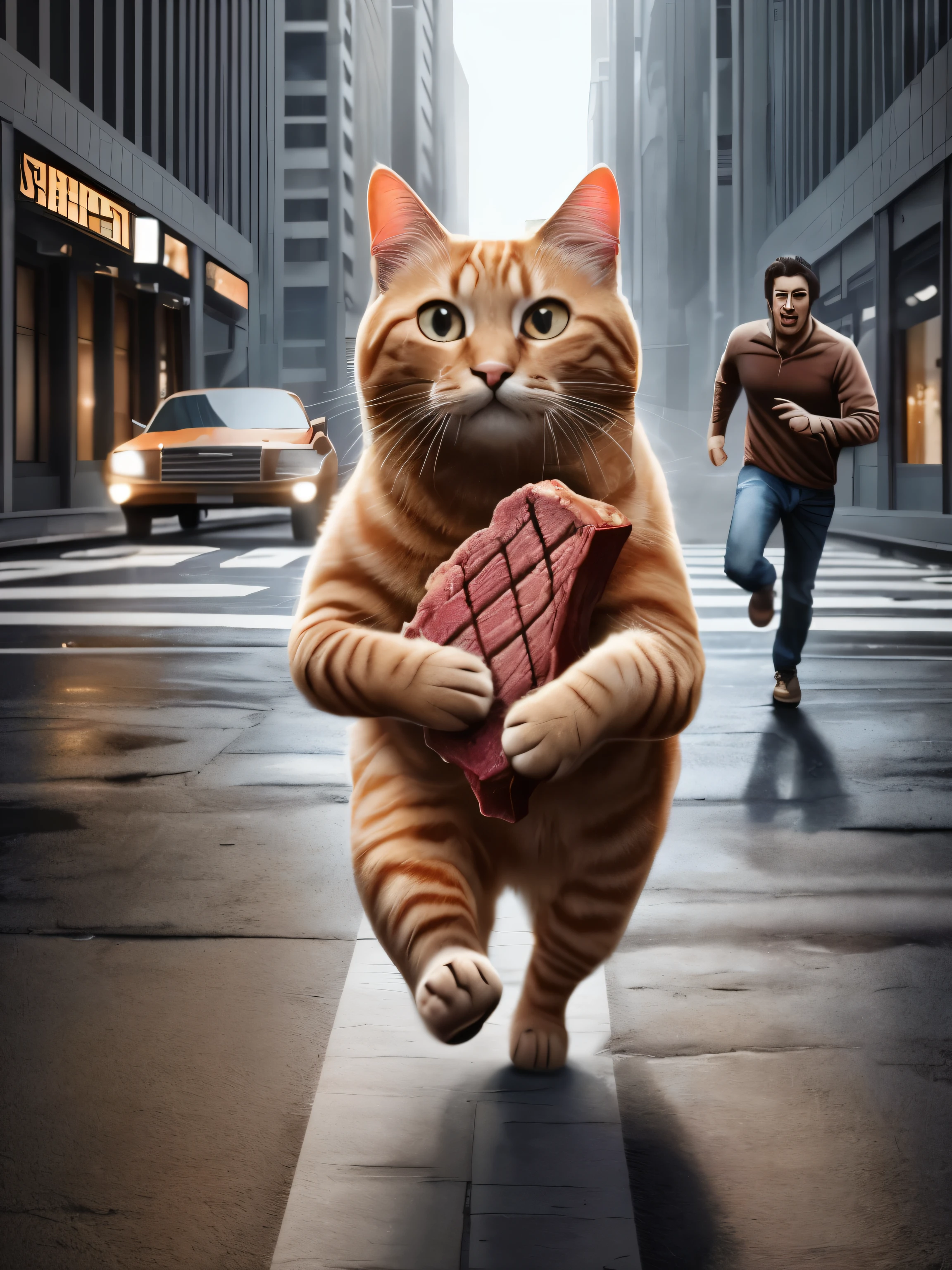 There's a cat running with a steak in his hand, running cat orange cat,There are two people chasing behind,real-life tom and jerry, catdog, new cat, cats attacking tokyo, computer generated art, Garfield, Very realistic, Amazing computer generated, ginger cat in mid action, Surrealism的, Surrealism, Surrealism的, very Very realistic,HD resolution