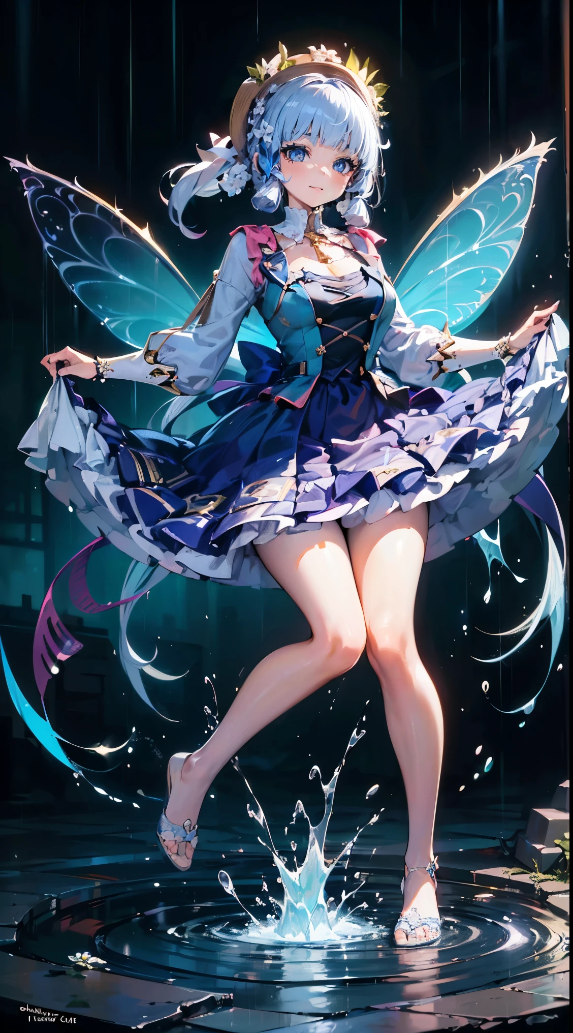 (full body pose:1.5), (colorful:1.2), (very detailed CG Unity 16K 壁紙:1.1), (Noise removal strength: 1.45), (masterpiece:1.37), ((rain fairy crown)), very cute, rainning day, 17 year old beautiful and cute girl, ((rain fairy girl)), cute smile, 魔法のようにshineオーラ, powerful, Ultra Power, shine力, Cute white face, (incredible details, Cinematic Ultra Wide Angle, dark background, very detailed, insane details, High resolution, incredible quality, dynamic shot, colorful, super high quality, (ultra detailed original illustration), Fusion of fluid abstract art, glitch, (original illustration composition), (maximalism art style, geometric artstyle, junk art), ((1 girl:1.4)), (very detailed美しい顔と目), Floating Full Body, surreal, cinematic lighting, soft lighting, god's rays, shine, masterpiece