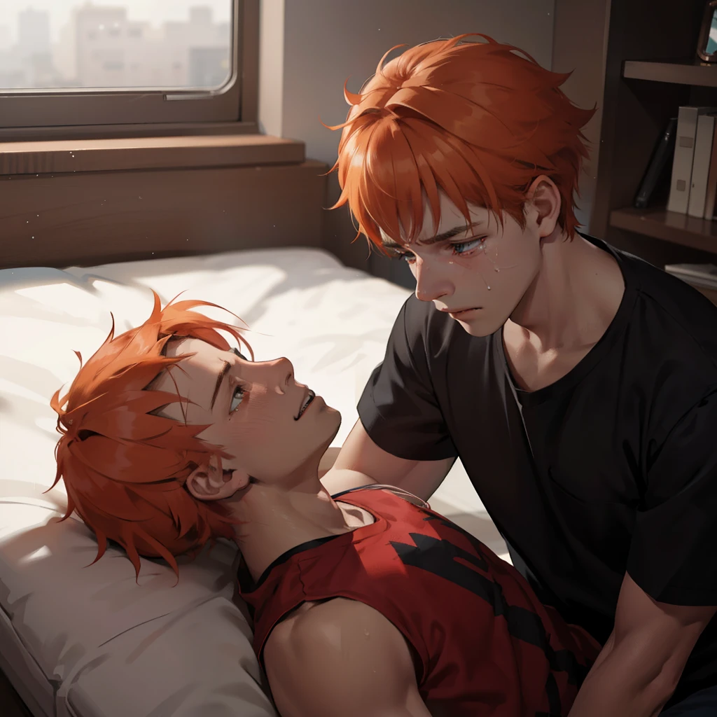 There is a lifeless dead body and a 15-year-old boy with orange hair cries with sadness because his friend has died.
