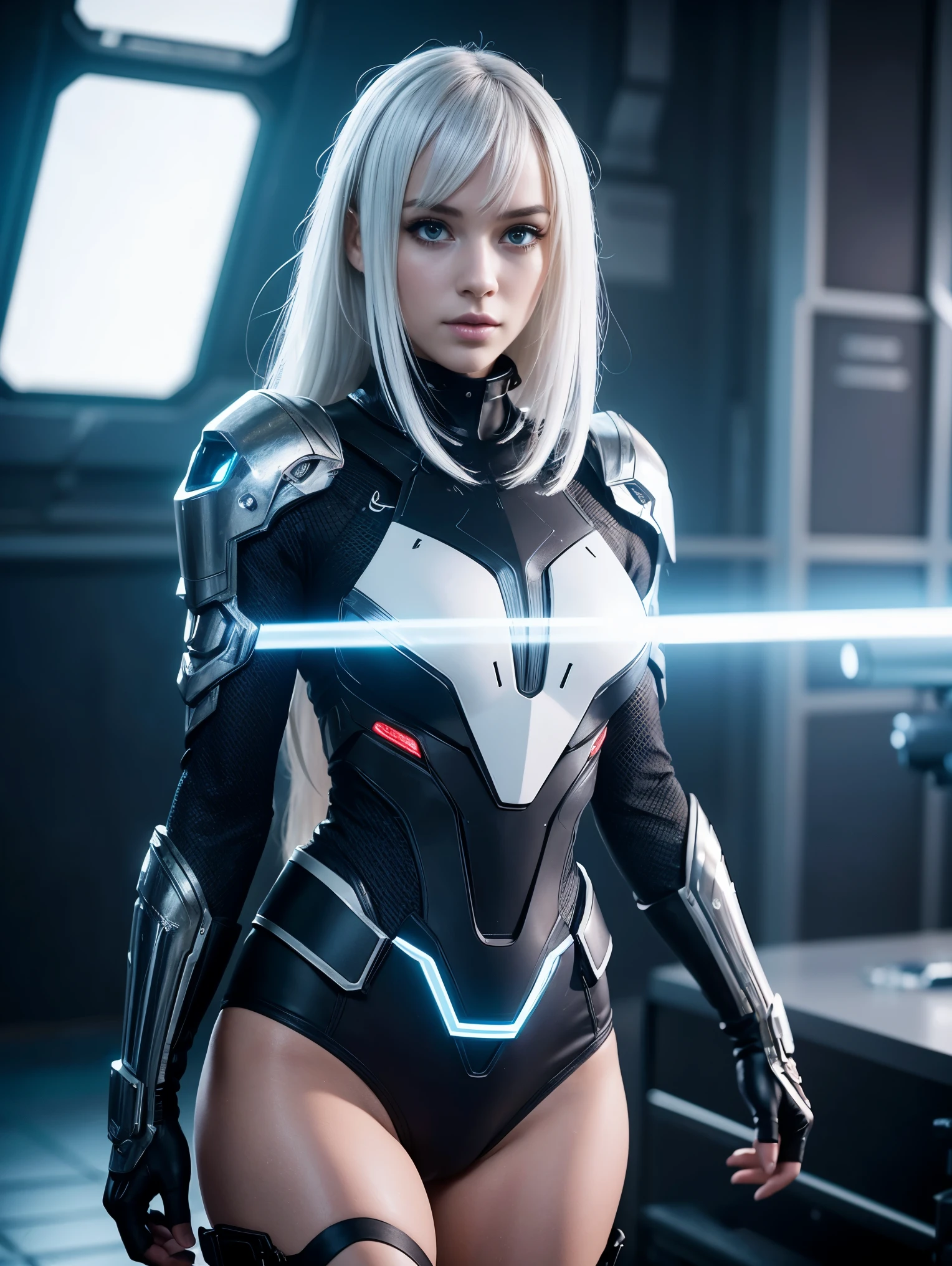 (Best Quality,4k,8K,hight resolution,Masterpiece:1.2),Cyber World, medieval garb,((white colored hair)), 1 girl,with luminous light,arma,Bright neon lights,Virtual reality headset,Technical training,reflection,ombre,High-tech environment, sharp-focus,Sci-fi concept,futuristic vibe, action pose,confident expression,Metallic texture, SVAV, WLOP