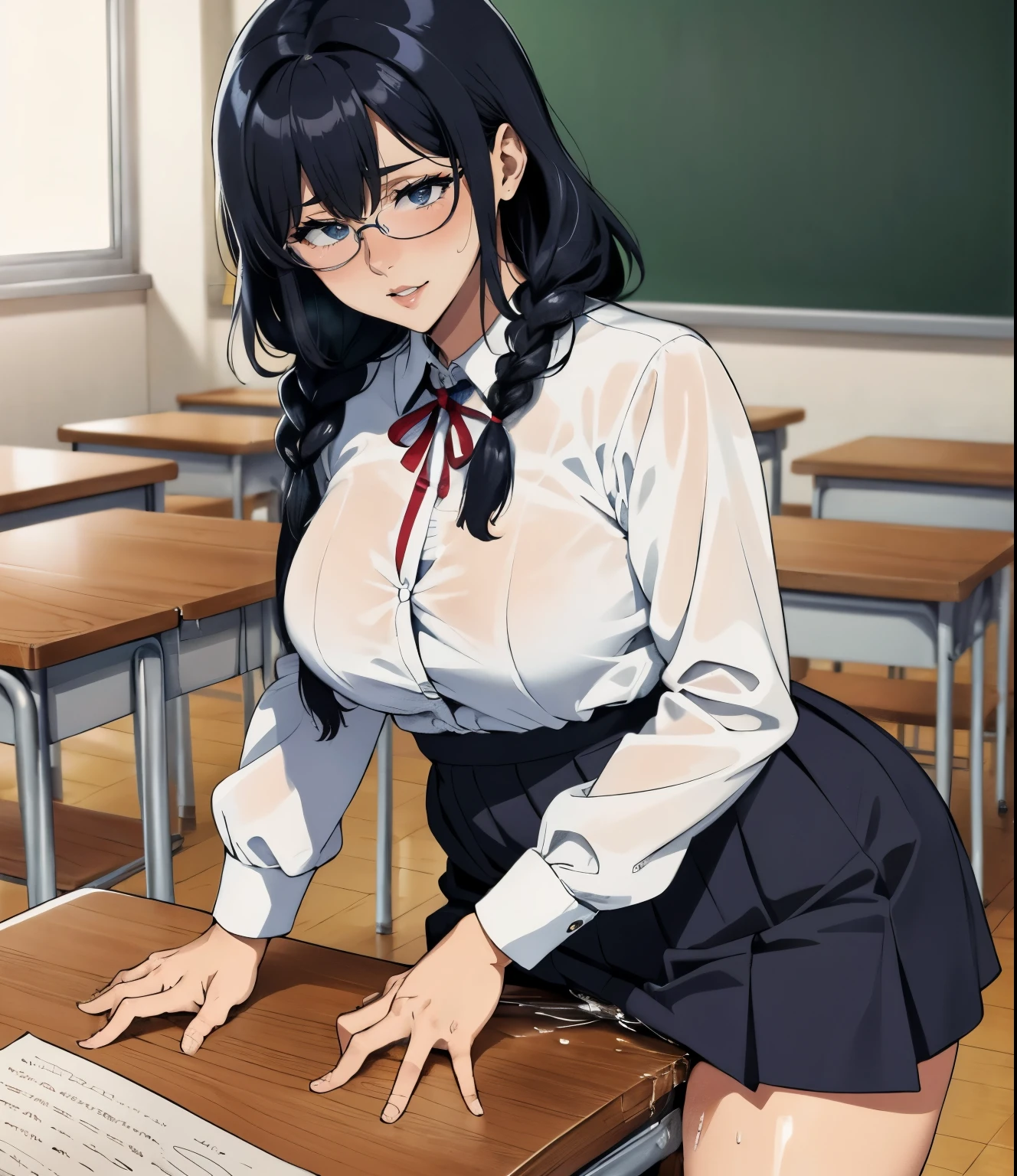 (School、classroom)、Super detailed illustrations、Super precise expression、masterpiece、highest quality、ultra High resolution、High resolution、(Sweat、body fluid)、shiny skin、(black hair、long hair、Braid、Glasses)、shirt、Standing picture、skirt、((table sex、crotch rub、masturbation))