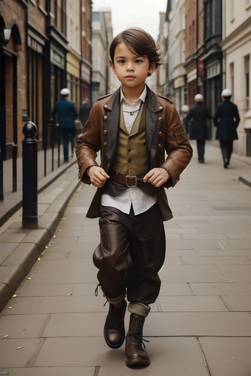 Steampunk London, 2009. ((((10-year-old)) Jess Brightwell)), rascal boy running through the streets, ((scared look)). ((((casual clothings from the 2000s)))) ((hairstyle of the 2000s))