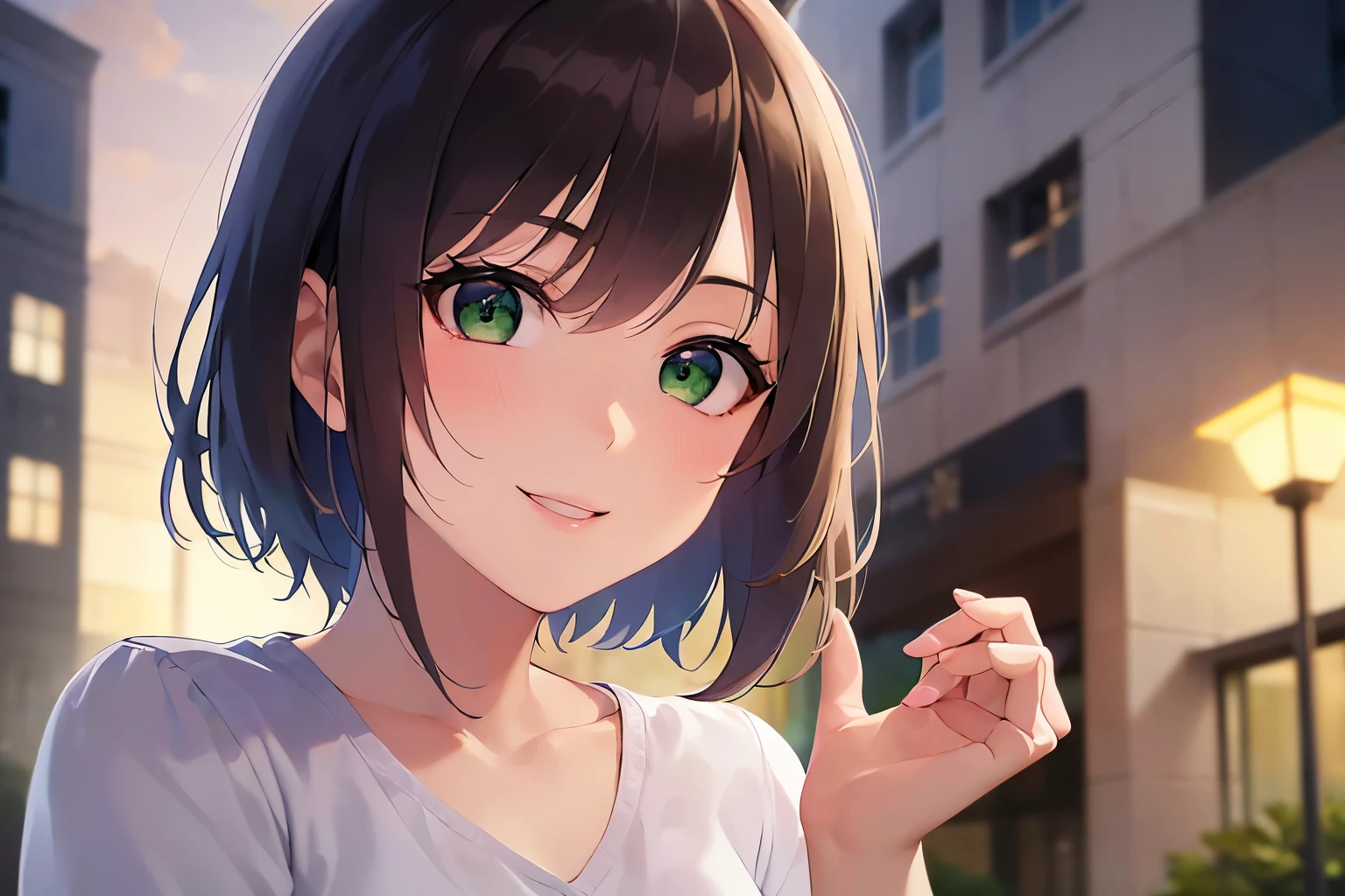 Shooting from below、 medium shot, Realistic, real person, RAW photo, photorealistic, portrait photography, shiny skin, japanese idol、(20 year old woman with bangs), (green eyes:1.5) and (brown hair) and (bob cut) and (wavy hair), (White Short sleeved blouse:1.3)、(smile:1.5), Alone、Are standing、(The background is a residential area at night:1.5)、