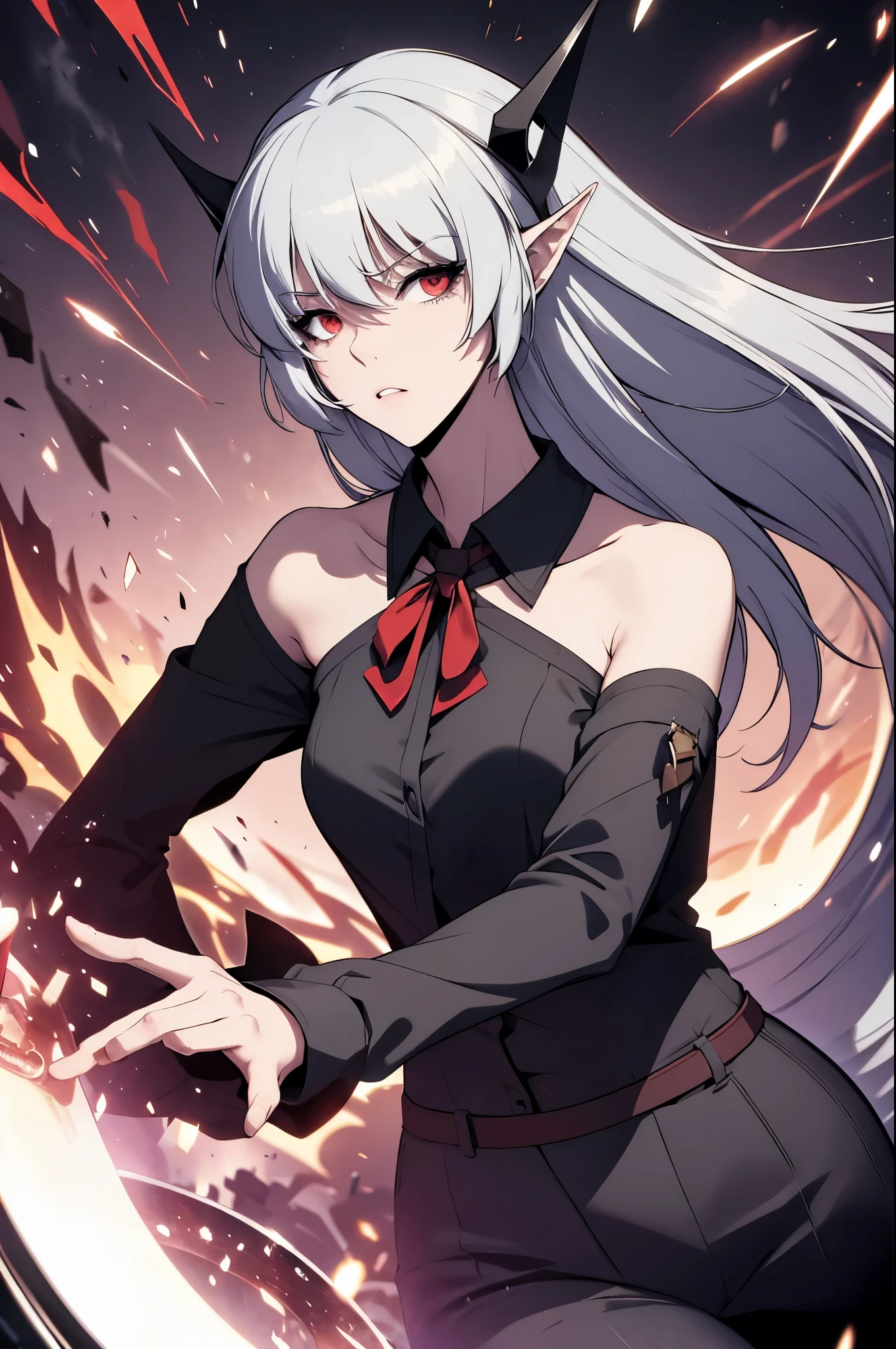 alice vampire grey hair, long hair, red eyes, pointy ears, small breasts collared shirt, black shirt, bare shoulders, detached sleeves, pants

