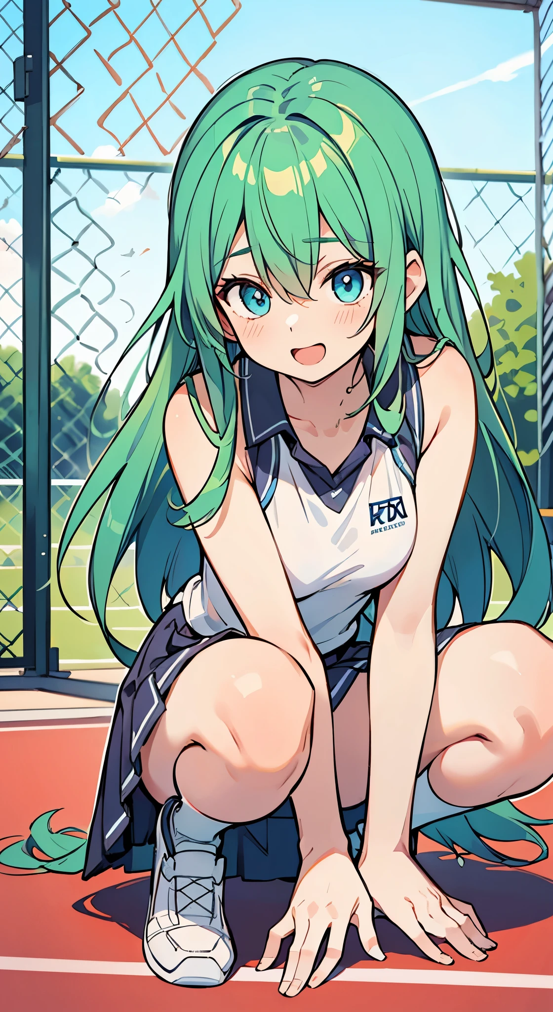 ((A Pretty girl with green hair and blue eyes)), ((wearing tennis wear)), with a tennis racket, Baby face, ((master piece, top-quality, ultra-definition, high resolution)), anime girl, ((ultra-detailed illust:1.2)), only one person, bangs, hair between eye, beautiful hair, Shiny eyes, Medium breasts, Big smile, opened mouth, squatting down, on the tennis court