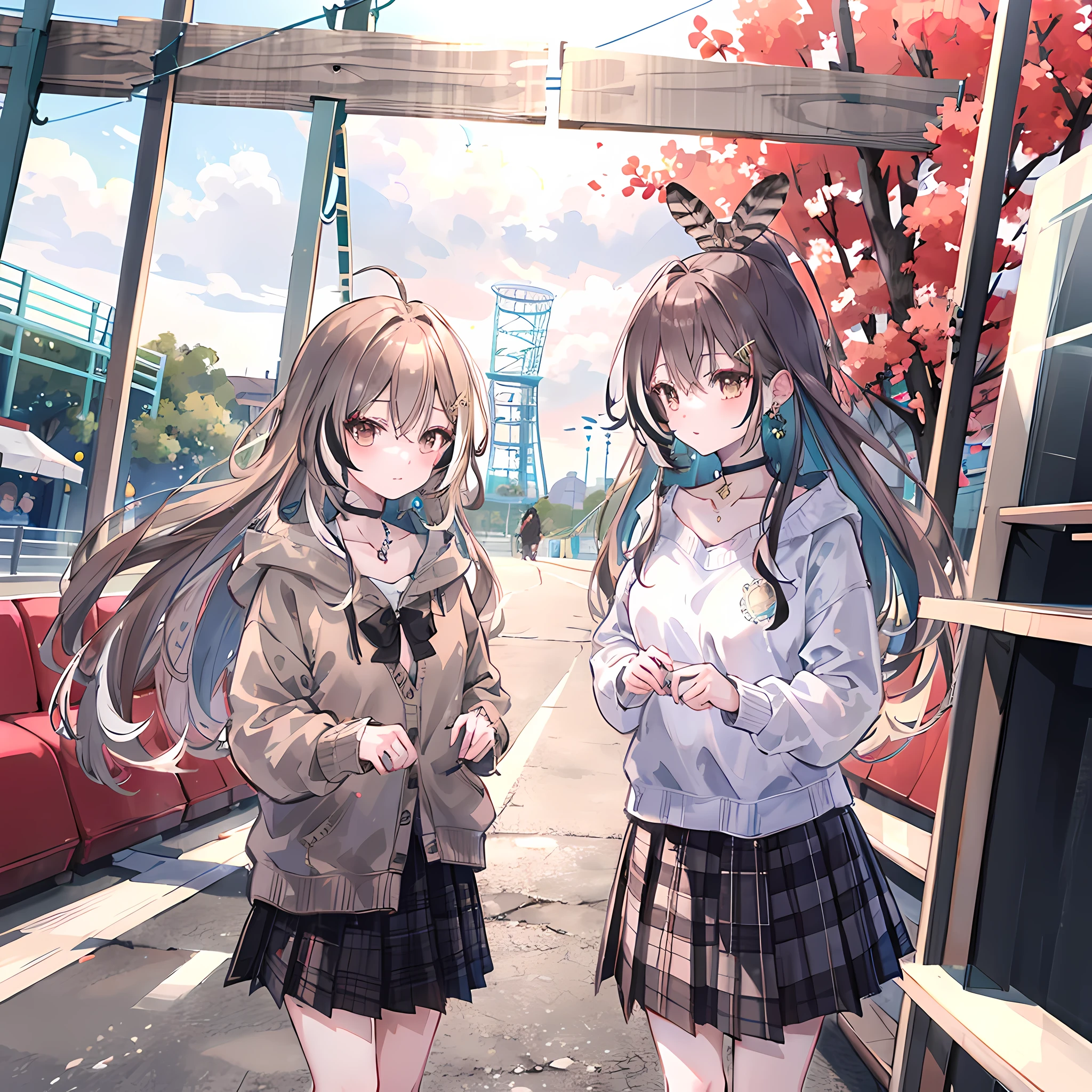 masterpiece, best quality, high resolution, BB has no beauty, long hair, colorful hair, jewelry, earrings, shirt, sweater, long sleeves, Plaid, black collar, black skirt, long skirt, amusement park, cowboy shooting, permanent
