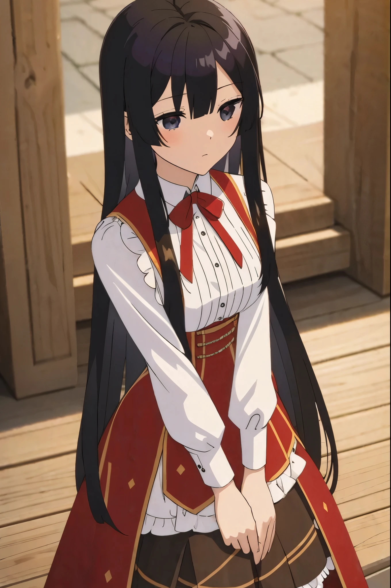 eumi, 1girl, solo, long hair, blunt bangs,bangs, black hair, black eyes, looking at viewer,
shirt, long sleeves, ribbon, closed mouth, , white shirt, pleated skirt, frills, puffy sleeves, brown skirt, black thighhighs, red ribbon, neck ribbon, expressionless,