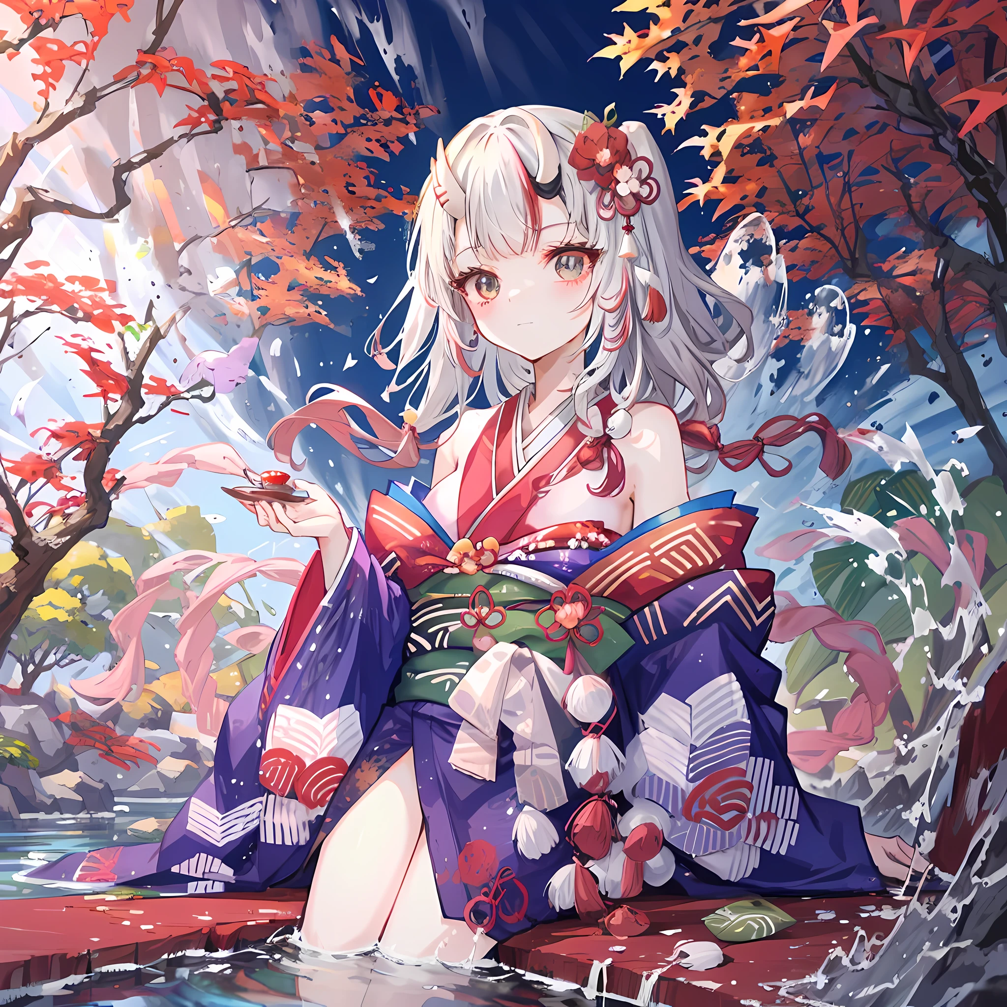 beautiful moonlit night. Japanese flower garden,Impressive autumn leaves,、Autumn leaves floating in the pond. Woman in kimono eating tea sweets on porch overlooking garden. She has a beautiful face and bright shining eyes. She wears a kimono with complicated and beautiful patterns. Nice Japanese dessert. Moonlight reflects on pond surface,Sparkle. Detailed picture. bright colors. High image quality.