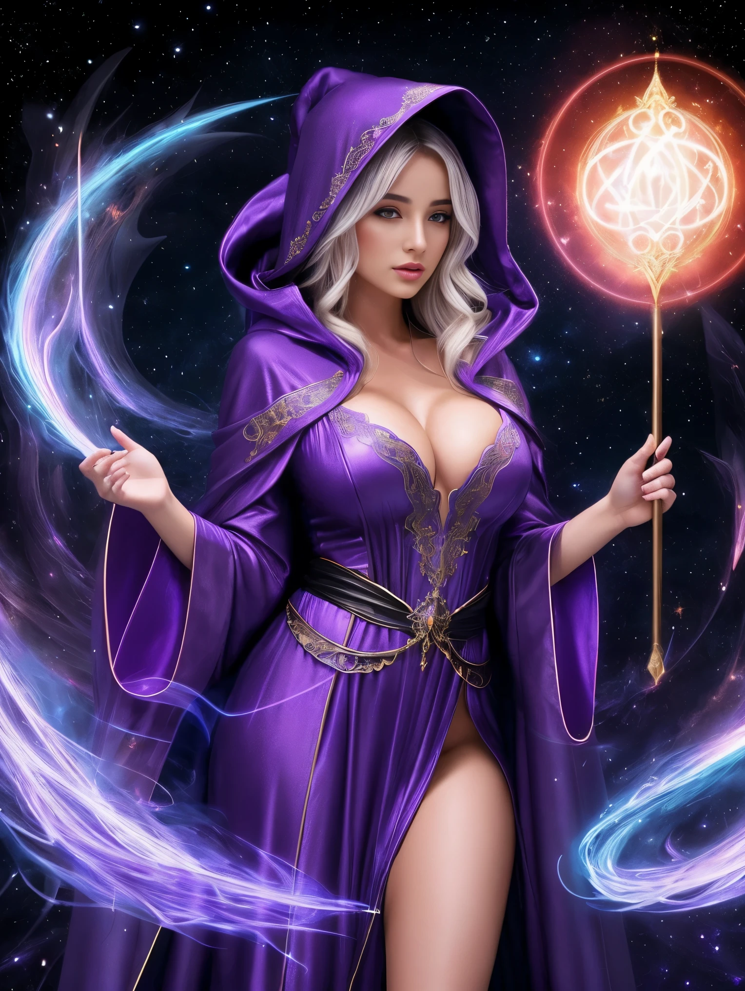 One ultra hot gorgeous European woman. Age 23. She’s a playmate, men magazine model. in a long dress with glowing arms and a hood, flowing magical robe, flowing robes, casting a multi colored spell, dark flowing robe, flowing robe, flowing magical flesh robe, ornate flowing robes, colorful robes, fantasy robe, ornate flowing robe, wearing flowing robes, cloaked woman, sorceress, a beautiful sorceress, vibrant fantasy style, fractals background.