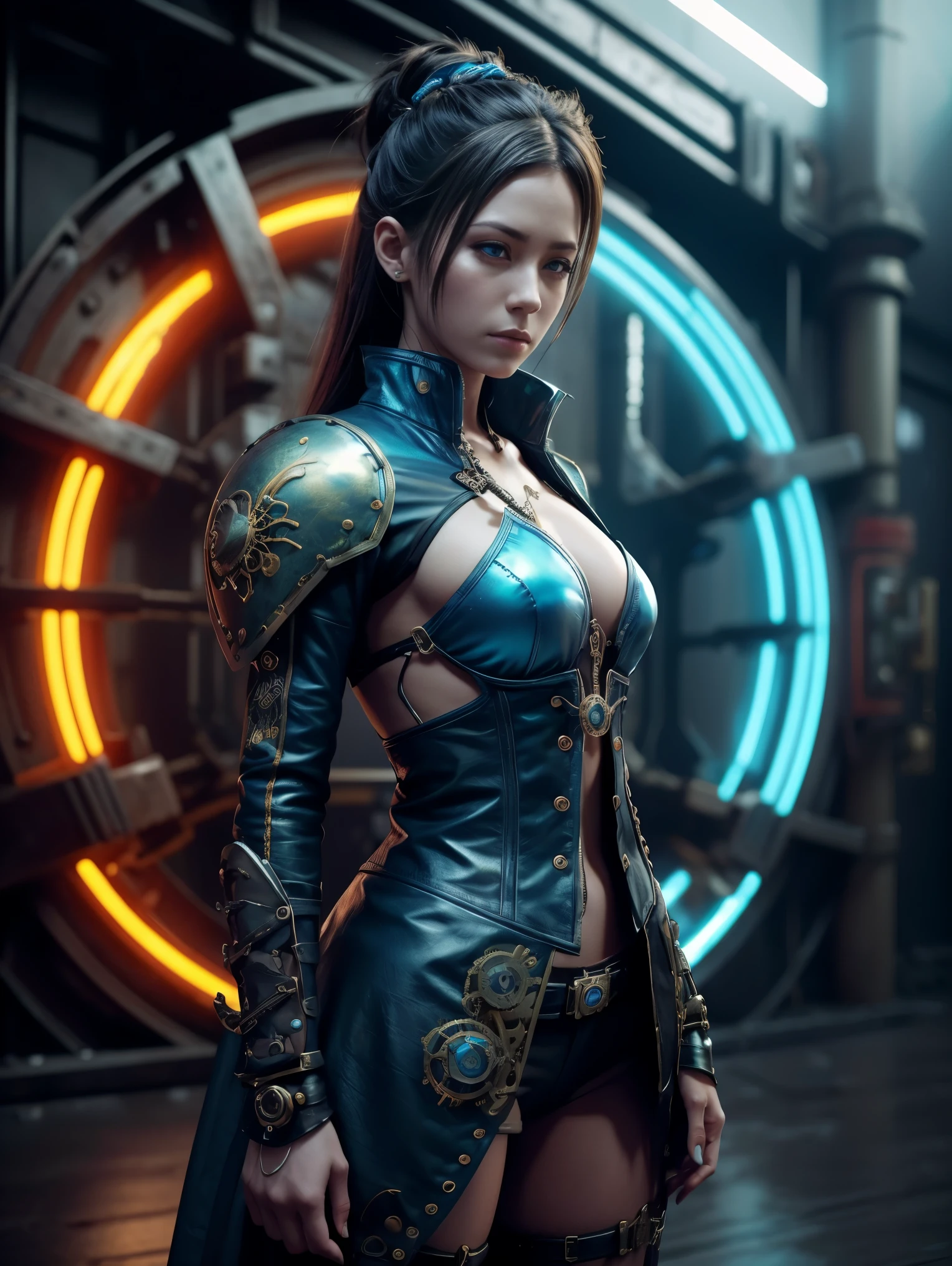 Woman 23 years, style Steampunk, Warriors samurais, colors Dark, neon blues, imaginé 3D, resolutions 4K full HD, hiperrealistic, background dragón red and fire yellow, full colors vibrants