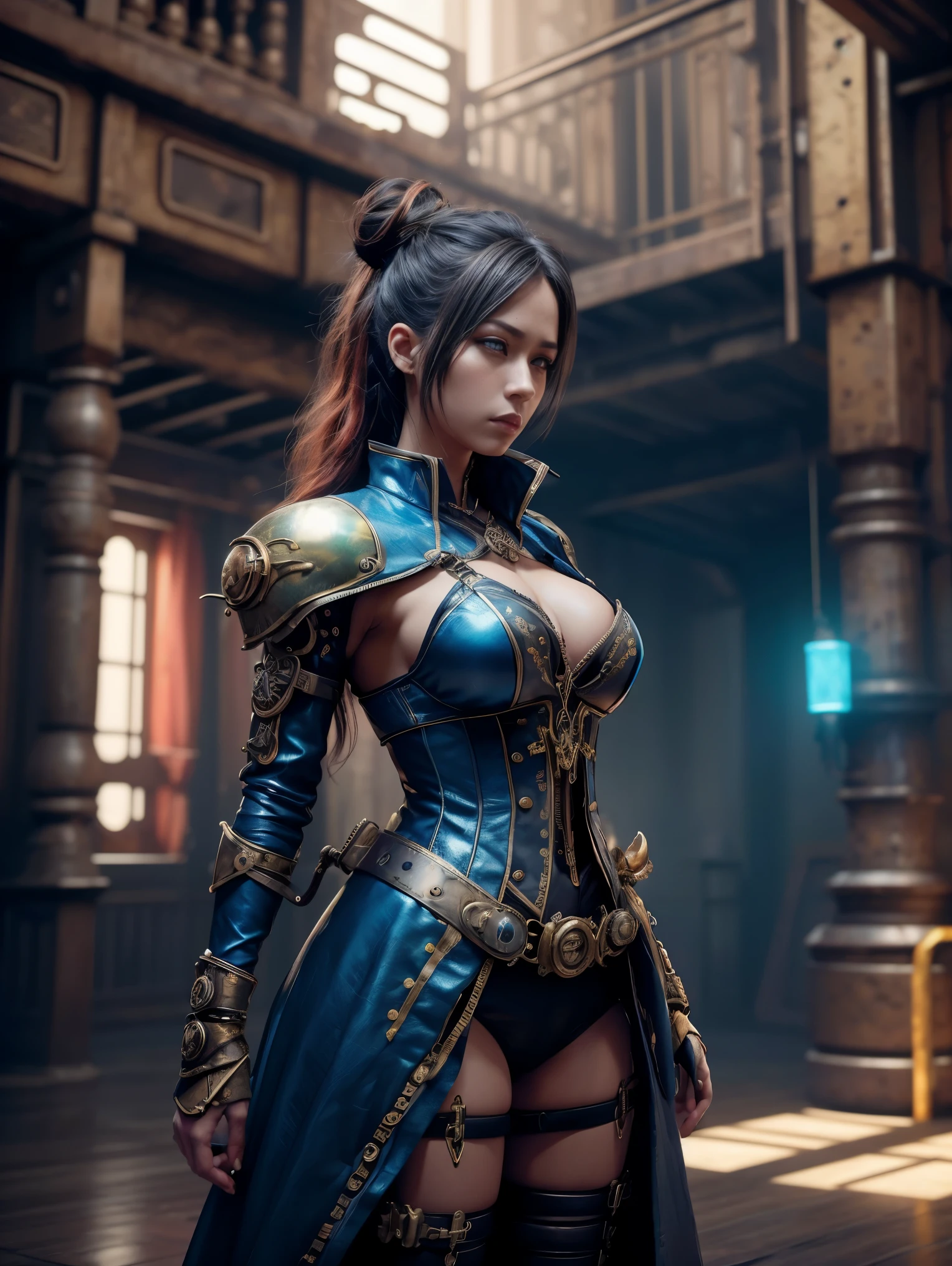 Woman 23 years, style Steampunk, Warriors samurais, colors Dark, neon blues, imaginé 3D, resolutions 4K full HD, hiperrealistic, background dragón red and fire yellow, full colors vibrants