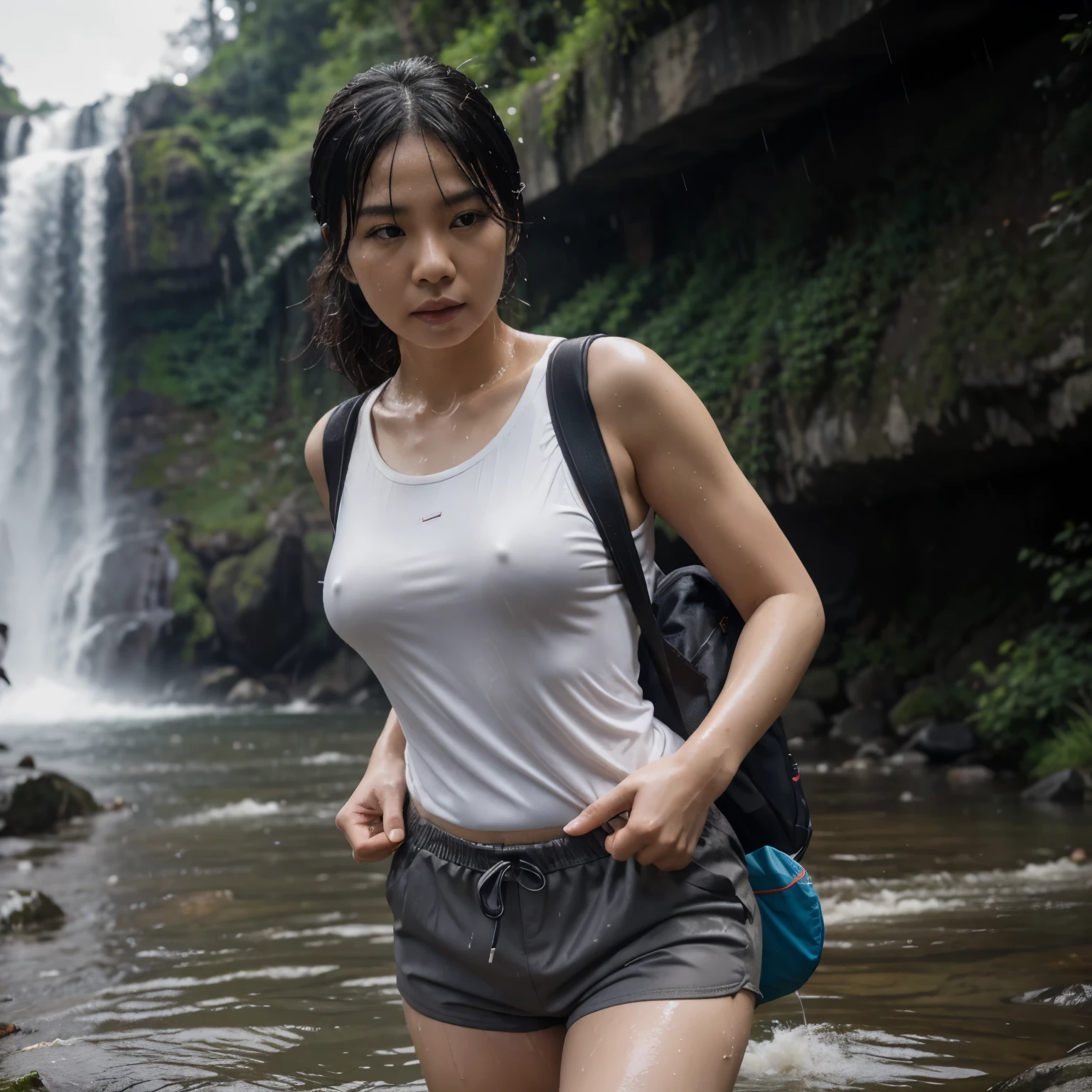 create a hyper realistic image of a 30 years old Chinese woman, big chest, clean face, sidepart black hair, wear a white singlet soak in water on the river, carrying backpack, brown tactical short pant, boot shoes, headphone around neck, holding a digital camera, waterfall background, rainy weather, top angle, front view, wet shirt effect, rain effect, cinematic, ultra HD, photography, sharp focus