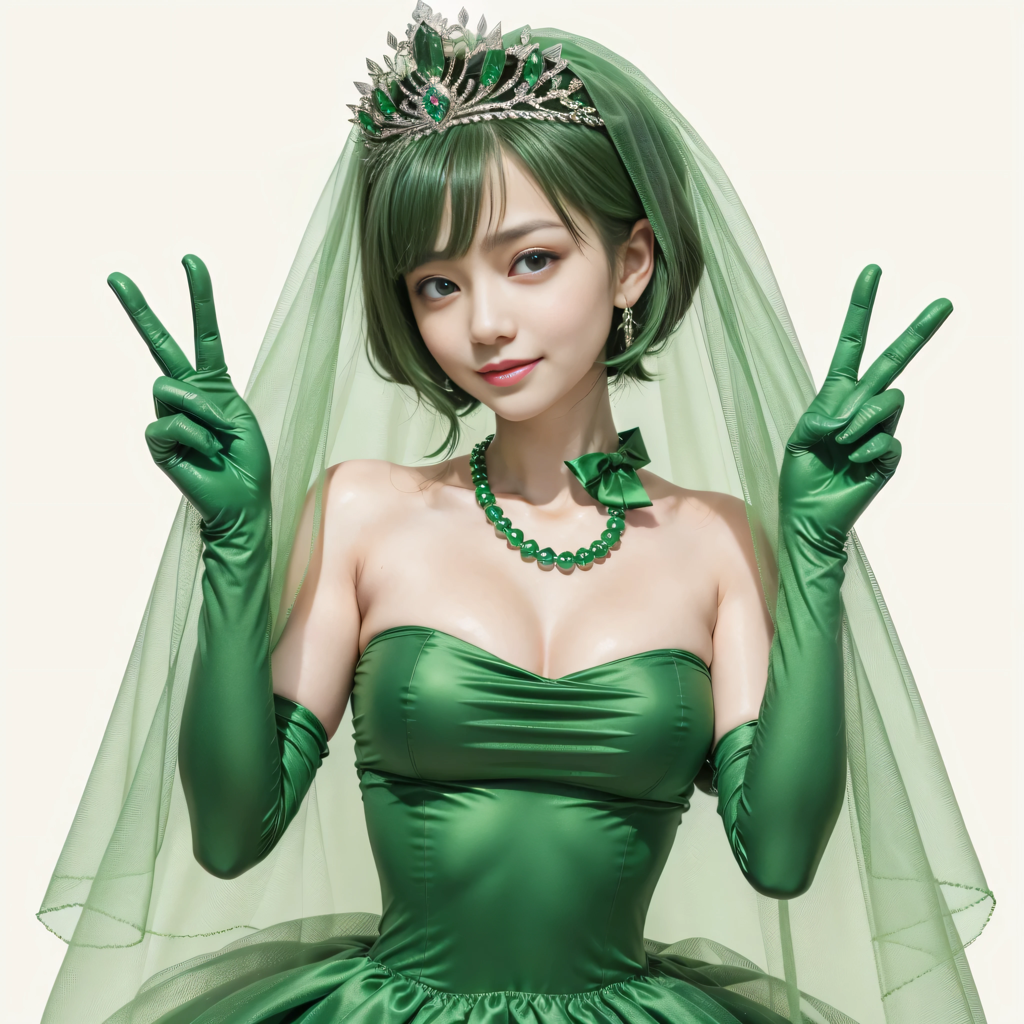 emerald tiara, green pearl necklace, boyish very short green hair, lipstick, smiling Japanese woman, very short hair, big breasts beautiful, green eyes, Long Green Satin Gloves, green eyes, V sign, emerald earrings, green veil, green lip gloss