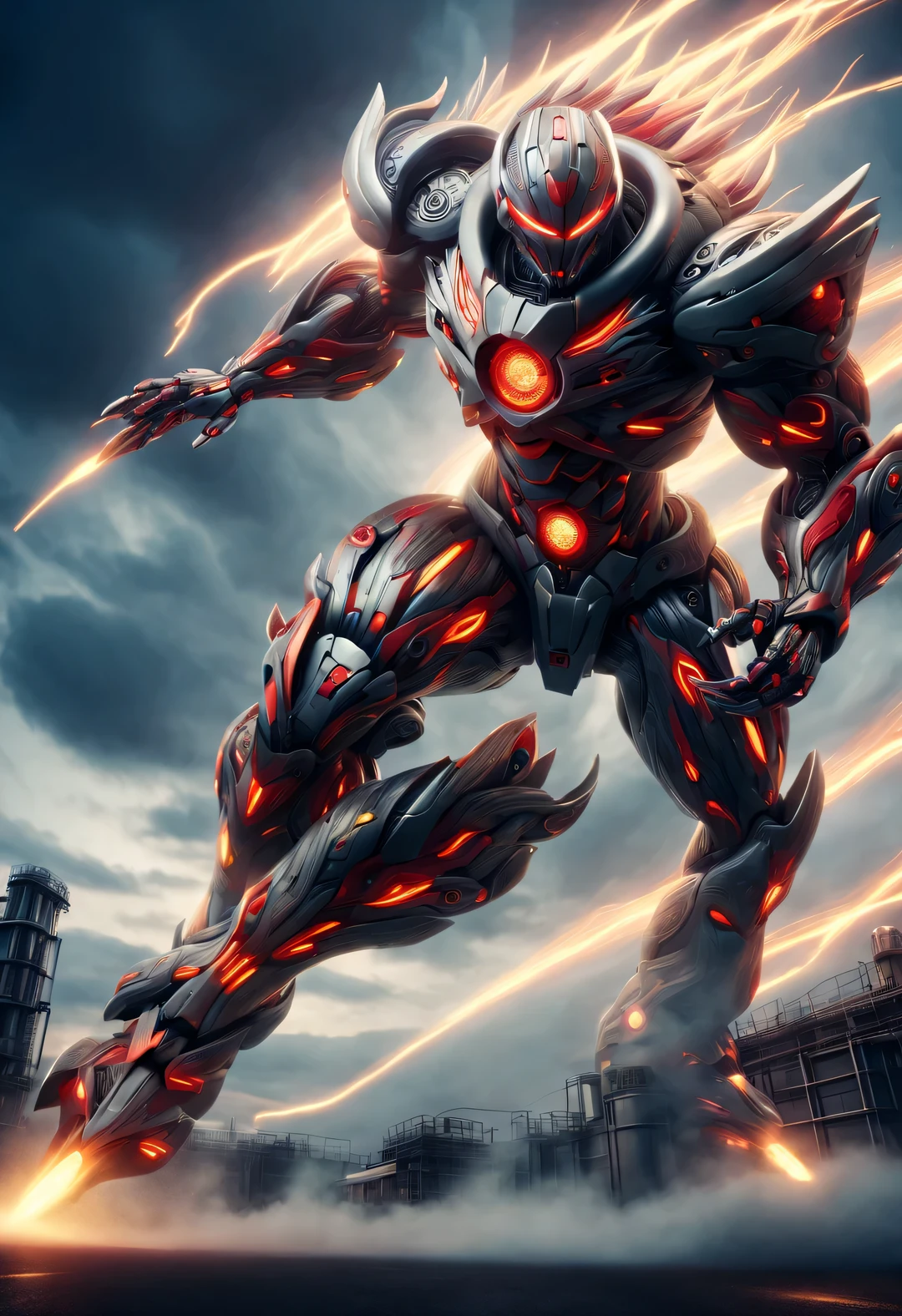 whole body, (A warrior wearing a mecha is named "Scarlet Storm" Huge nuclear gun from China is firing), (Wearing a tap zoom telescope on your head), (Dynamic jump shooting action), Mecha Warrior is about 8 meters tall, Holding a huge nuclear-powered weapon in his hand. He was burly, whole body由深灰色的高温合金制成，It is engraved with complex lines and patterns. This mecha has three arms, Each arm features a titanium hard rotating blade, Carefully designed and manufactured artificial muscle tissue with extraordinary strength. They are about 8 meters tall，Burly physique. Their entire body is made of dark gray high-temperature alloy, It is engraved with complex lines and patterns. Their feet are equipped with chemical-resistant devices, They have chemical thrusters on the back of their legs,
futuristic future, Ice Age, multidimensional, nuclear power, track track, space, venous veins, hyper reality hyper reality, glow (radioactive luminophore, Nuclear Waste glow),
broken metal, cyberpunk, atom punck, volcanic ash, realism, Sunset, movie lighting, Realistic photos, studio photography, human development report, 8k, personification, portrait, epic lighting, Ray tracing, Canon EOS 5D Mark III, 85mm, Volumetric lighting, (look up: 0.65),