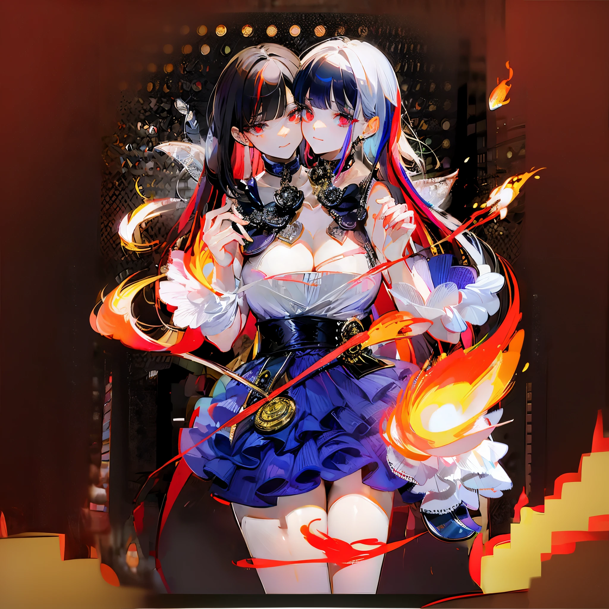 (masterpiece, best quality), best resolution, (2heads:1.5), (Two heads), 1girl, clearer face, focused eyes, two legs, very long hair, a girl with two heads on one chest, black hair, red eyes, fire witch, blood, light particles, light rays, high contrast, colorful,