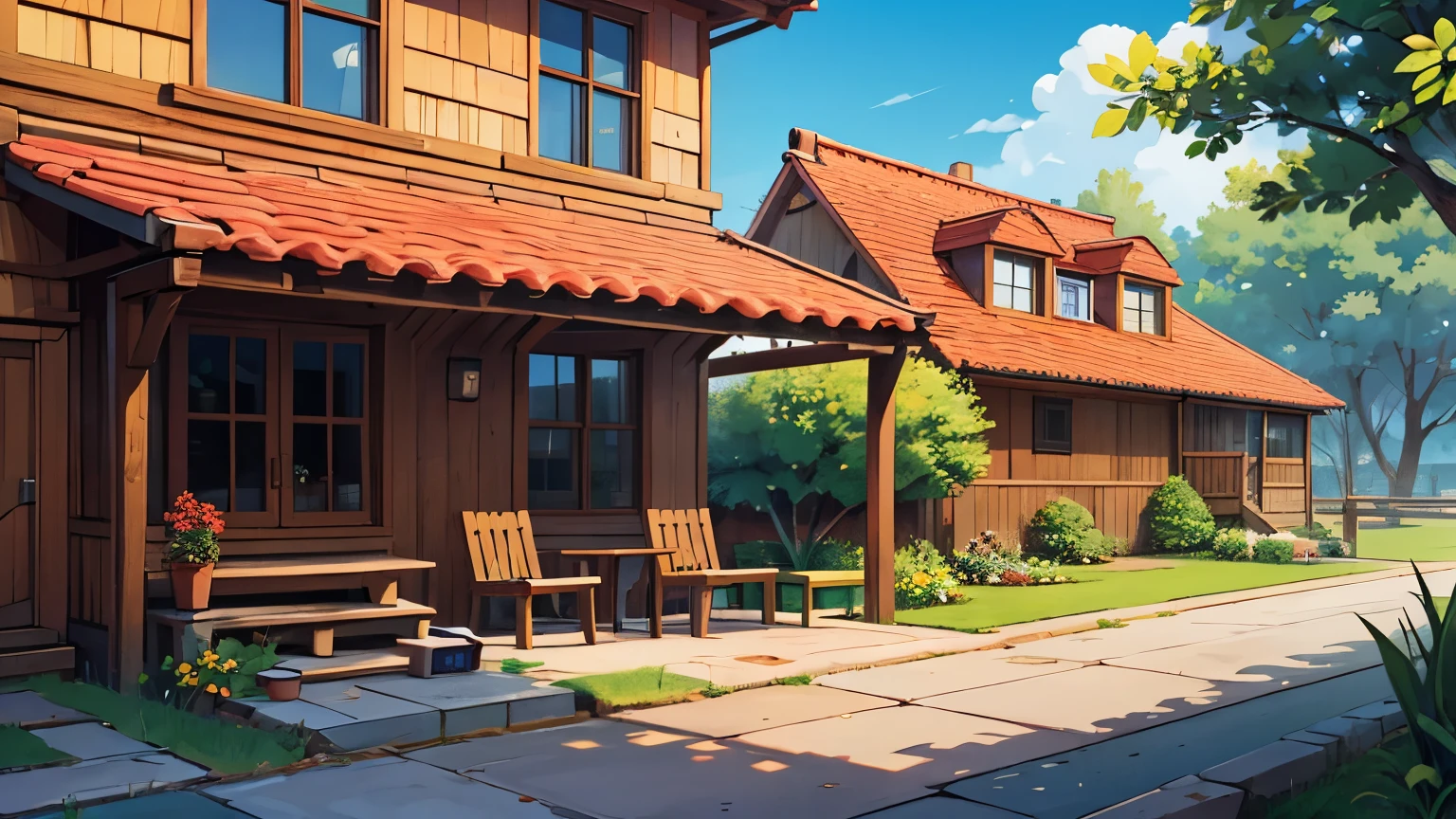 Beautiful landscape painting、Cafe terrace seating、blue-sky、ultra-quality、masutepiece、Natural Color、Brown dog drinking coffee