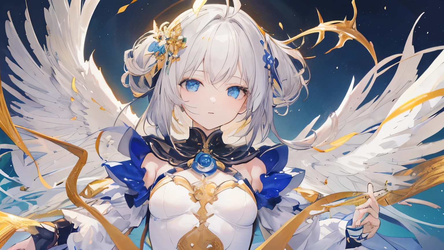 masterpiece, highest quality, Highly detailed CG Unity 8K wallpaper,paper cutting,girl,blue eyes, golden hair,gradient hair,fantasy,Ahoge,Angel,Blue Moon,small breasts,exposed
