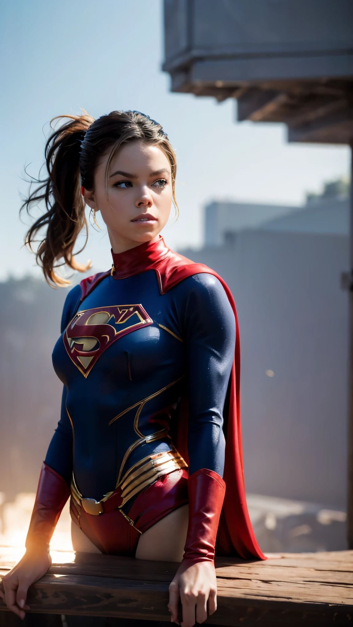 (Supergirl DC comics), Upper body shot, portrait photography, high contrast, vibrant colors, neon lights, best quality, masterpiece, sharp lines, 1girl, solo, looking at viewer, nice body suit, superhero style, ponytail hair, black hair, fight pose, thunderstorm, cape, sketch, traditional media, comic book style, eyes, outdoors, city, sky, clouds