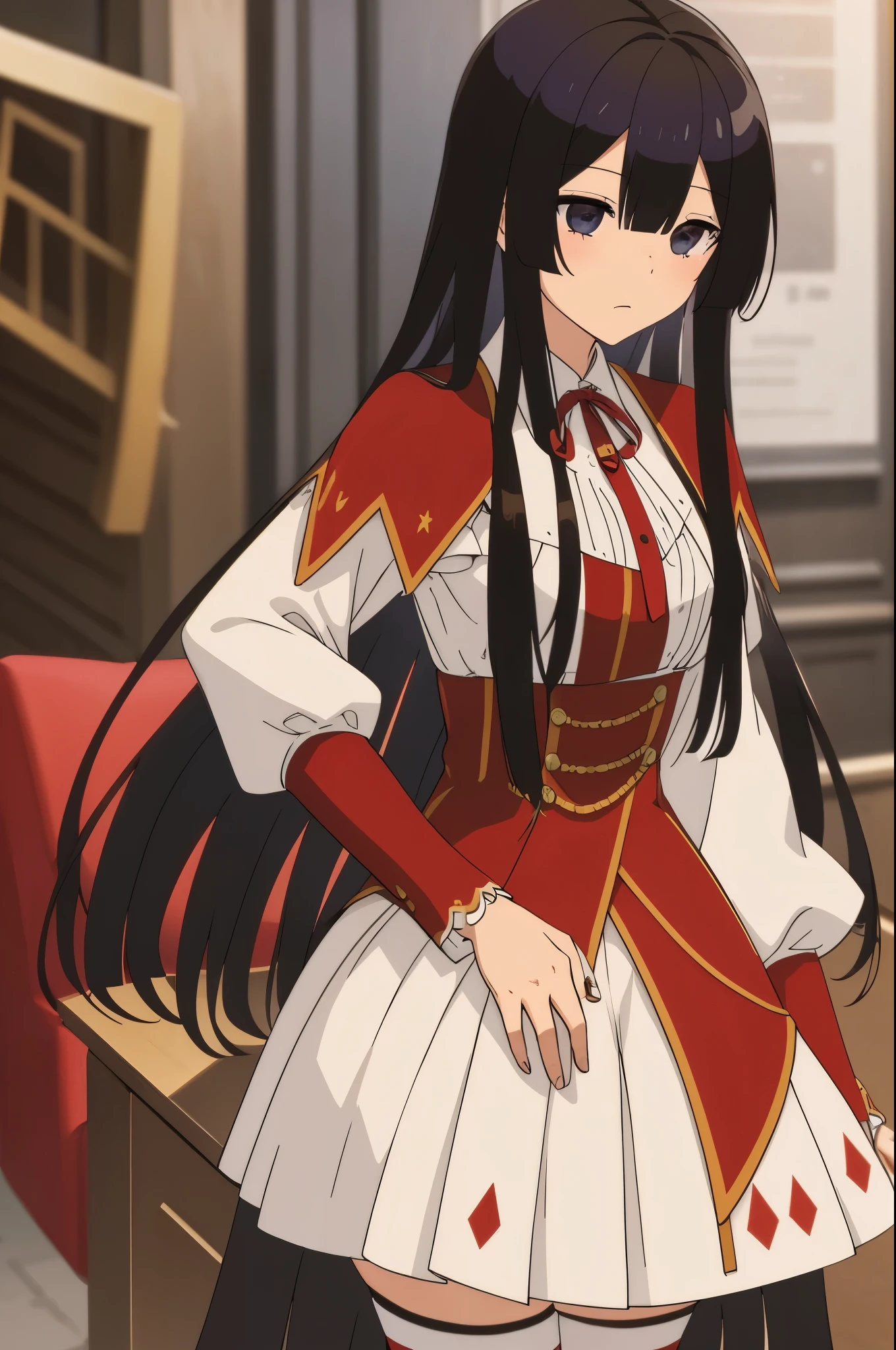 eumi, 1girl, solo, long hair, blunt bangs,bangs, black hair, black eyes, looking at viewer,
shirt, long sleeves, ribbon, closed mouth, , white shirt, pleated skirt, frills, puffy sleeves, brown skirt, black thighhighs, red ribbon, neck ribbon, expressionless,