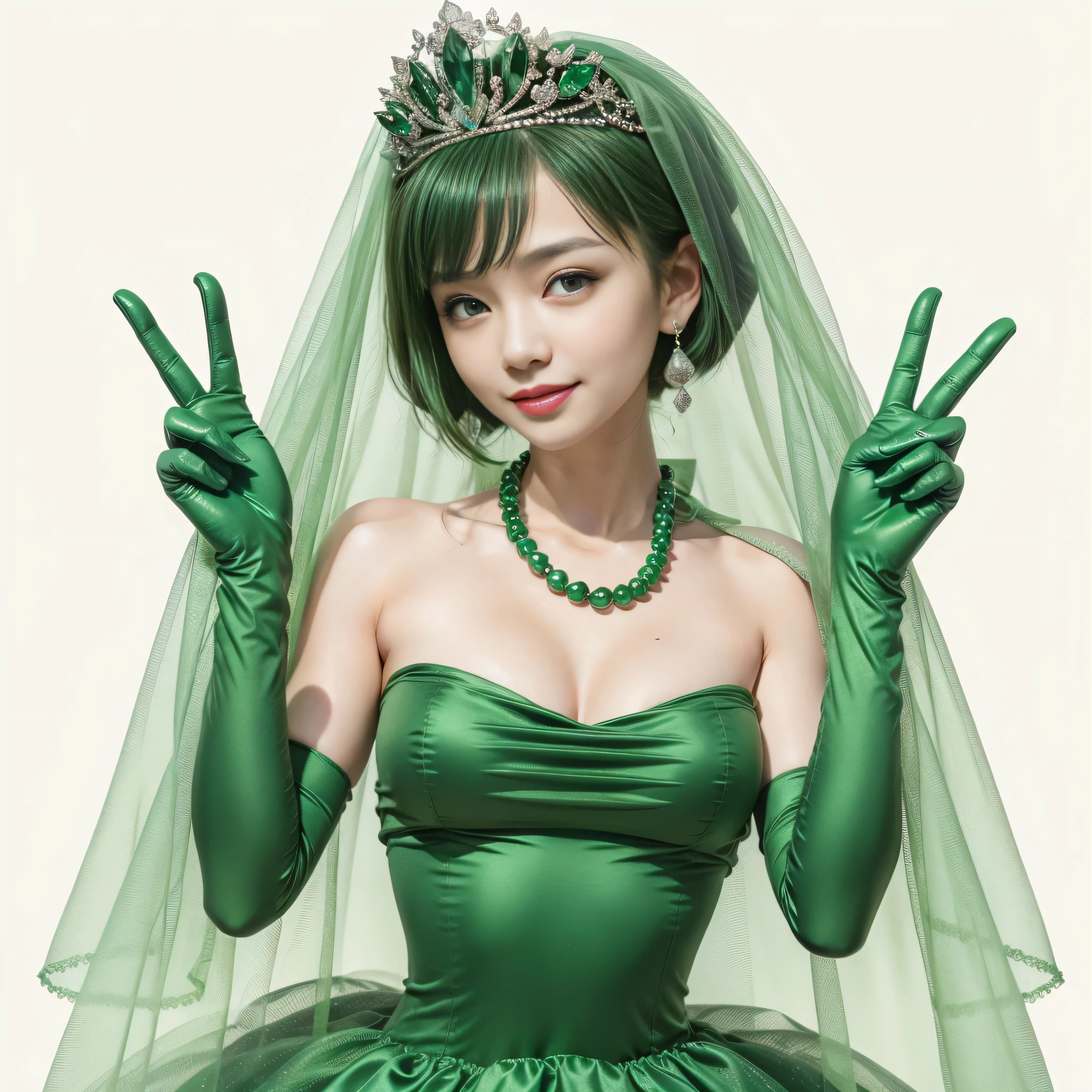 emerald tiara, green pearl necklace, boyish very short green hair, lipstick, smiling Japanese woman, very short hair, big breasts beautiful, green eyes, Long Green Satin Gloves, green eyes, V sign, emerald earrings, green veil, 緑のlipstick, pregnant woman
