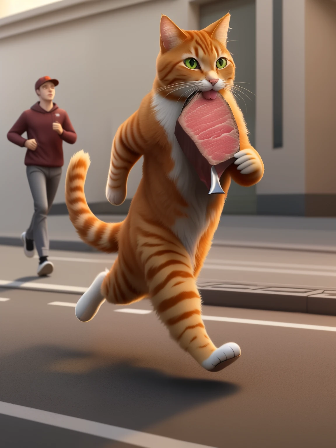 There is a cat with a piece of steak in its mouth,Run in the street, running cat, ginger cat in mid action, Surreal的, computer generated art, Garfield, real-life tom and jerry, anthropomorphic cat, Amazing computer generated, catdog, new cat, Very realistic, Surreal的, 3D epic illustration, Surreal