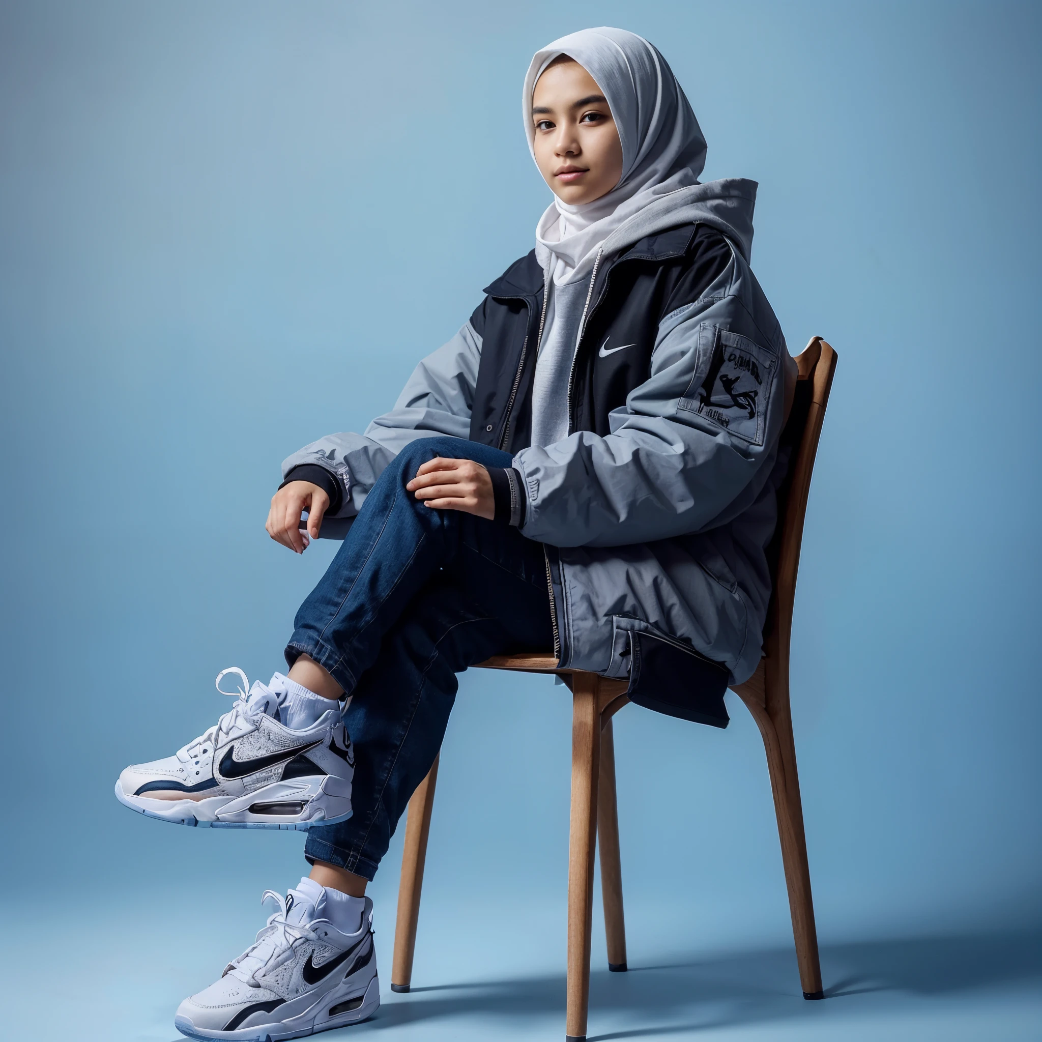 masterpiece of a 15 year old girginal Indonesian face) wearing a jake, wearing hijab, wearing Nike (Air Jordan) shoes, sitting on a chair, calm pose, faint smile, very detailed, bright image, light blue background, photography, 8k in photorelism