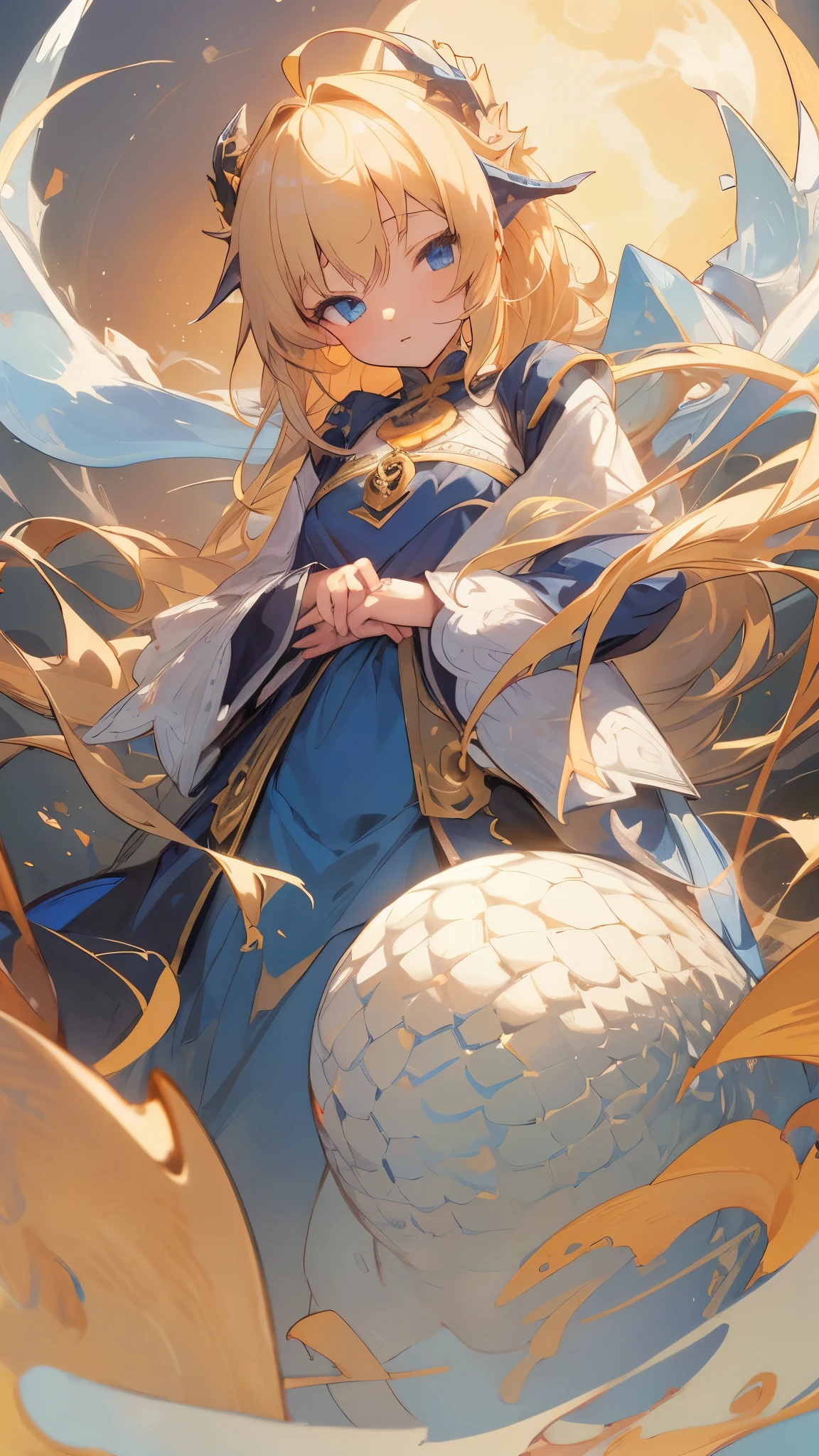 masterpiece, highest quality, Highly detailed CG Unity 8K wallpaper,paper cutting,girl,blue eyes, golden hair,gradient hair,fantasy,Ahoge,dragon,Blue Moon,flat chest,