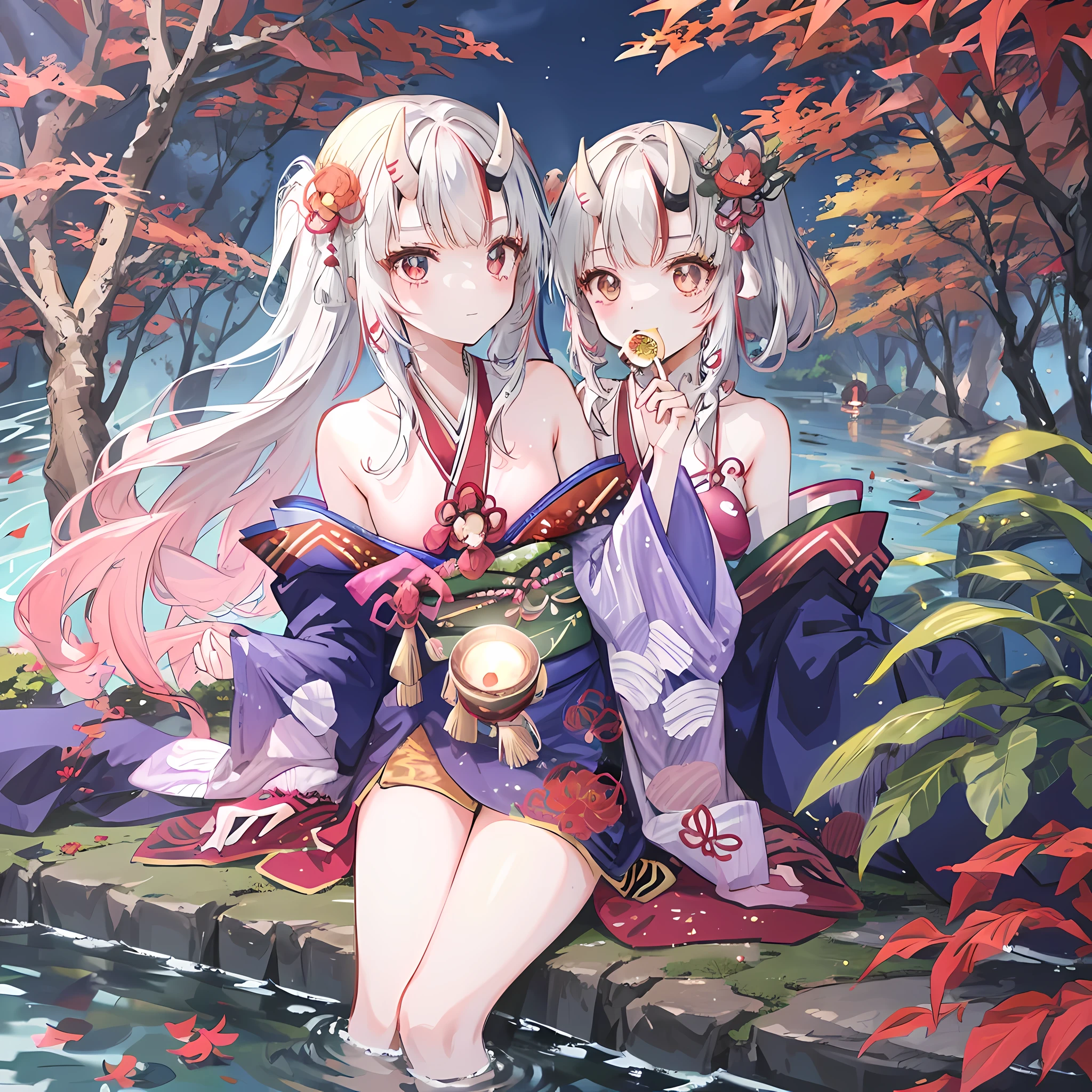 beautiful moonlit night. Japanese flower garden,Impressive autumn leaves,、Autumn leaves floating in the pond. Woman in kimono eating tea sweets on porch overlooking garden. She has a beautiful face and bright shining eyes. She wears a kimono with complicated and beautiful patterns. Nice Japanese dessert. Moonlight reflects on pond surface,Sparkle. Detailed picture. bright colors. High image quality.