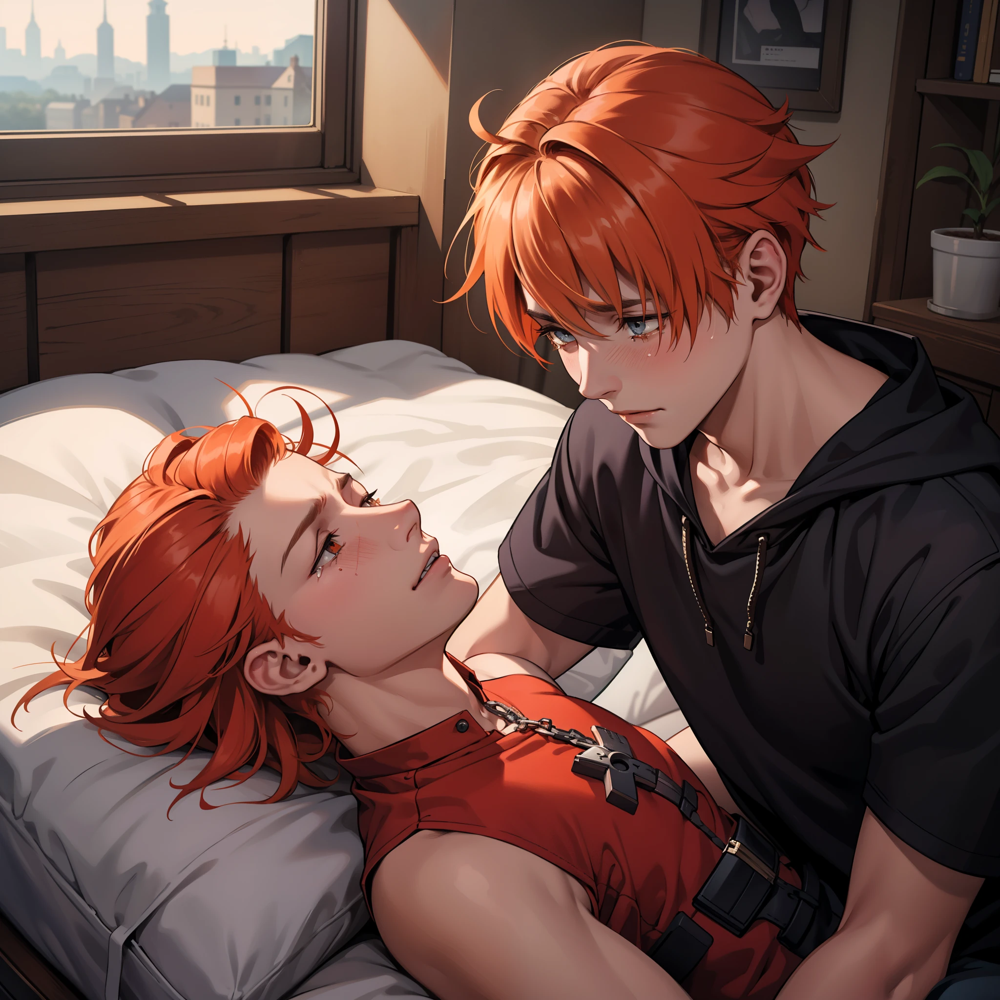 There is a lifeless dead body and a 15-year-old boy with orange hair cries with sadness because his friend has died.